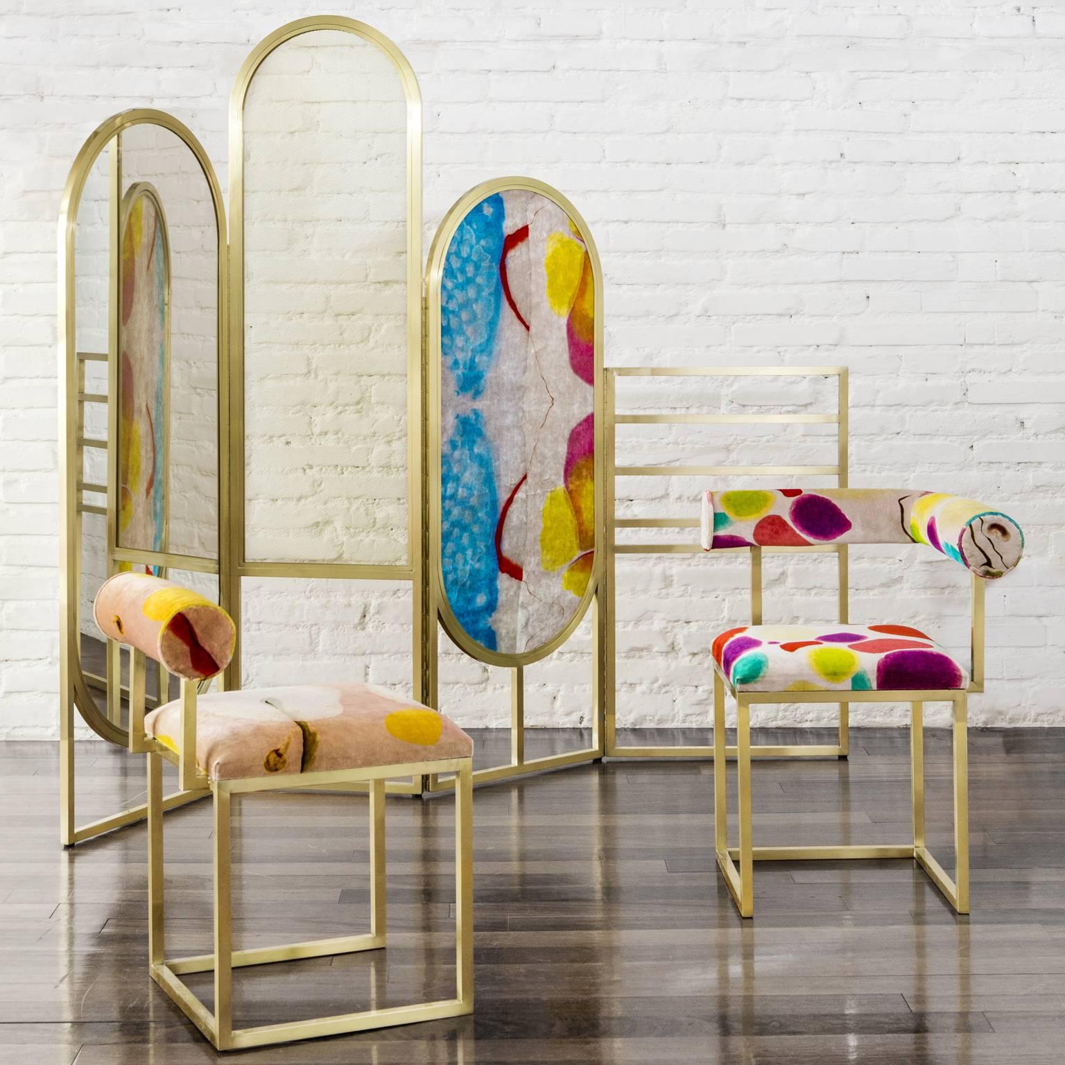 This room divider is part of the Awaiting collection, presented by Secondome during Milan Fuorisalone, 2016. It's a series of items born from the encounter between the printed silk and cotton velvet designed by the artist Coralla Maiuri, and the