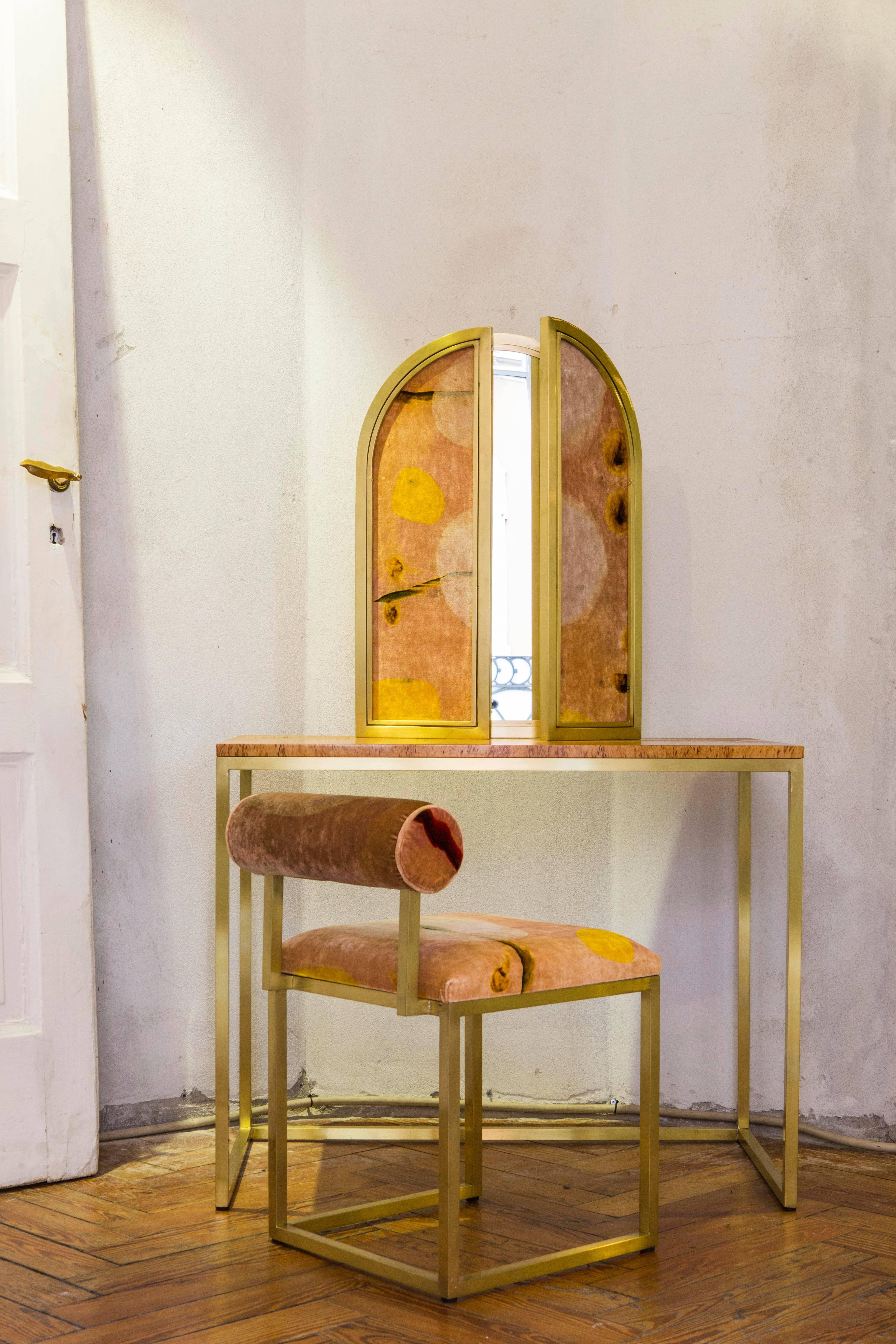 Contemporary Awaiting, T Stool Printed Velvet and Brass For Sale