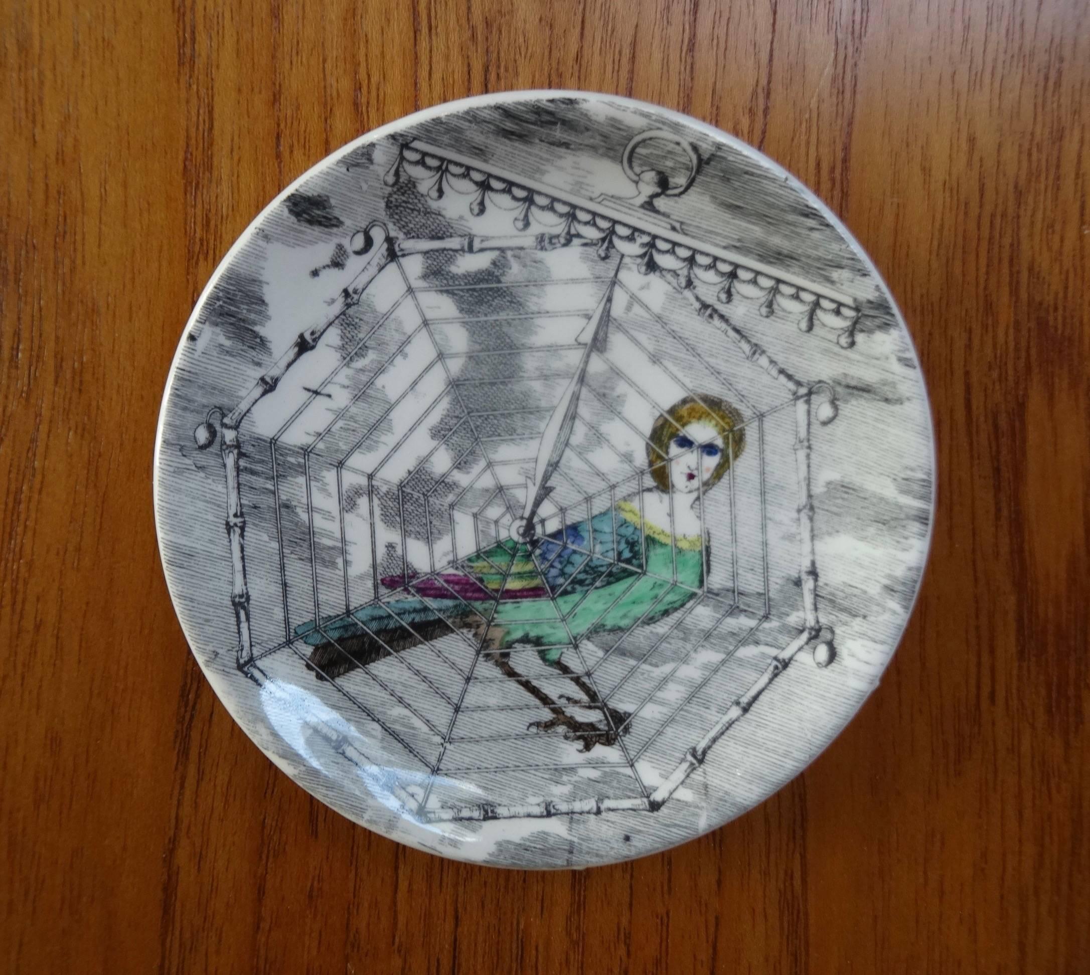 Piero Fornasetti, Complete Set of Eight Le Arpie Coasters In Excellent Condition For Sale In Klintehamn, SE