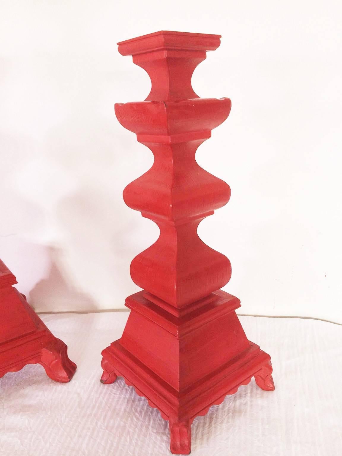 Mexican 21st Century Set of Red Hand-Carved Wood Candleholders/Blandones For Sale