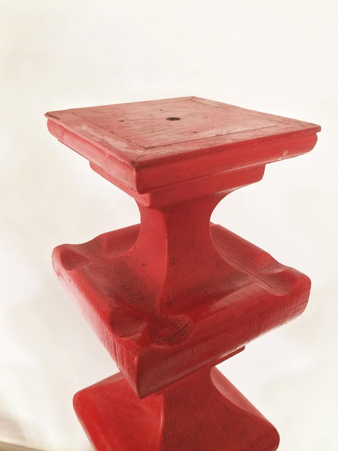 21st Century Set of Red Hand-Carved Wood Candleholders/Blandones For Sale 2