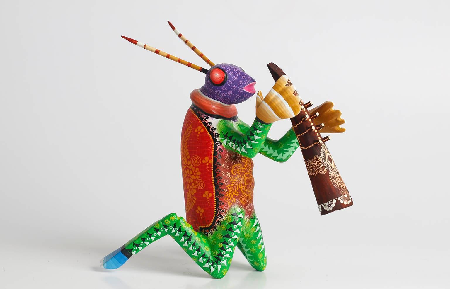 Mexican 21st Century Set of Seven Hand-Carved Wood Alebrijes Grasshoppers Music Band