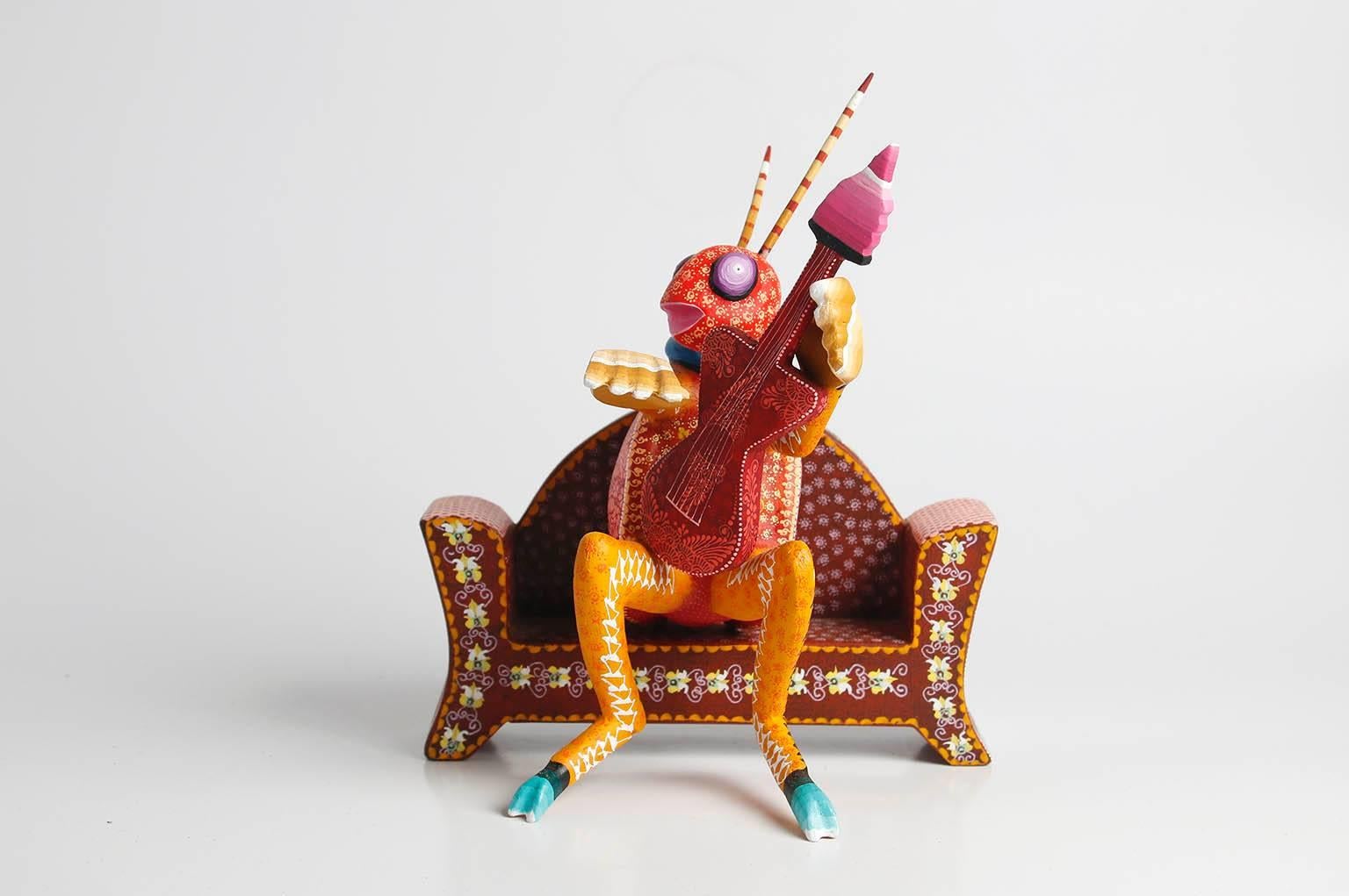 Contemporary 21st Century Set of Seven Hand-Carved Wood Alebrijes Grasshoppers Music Band
