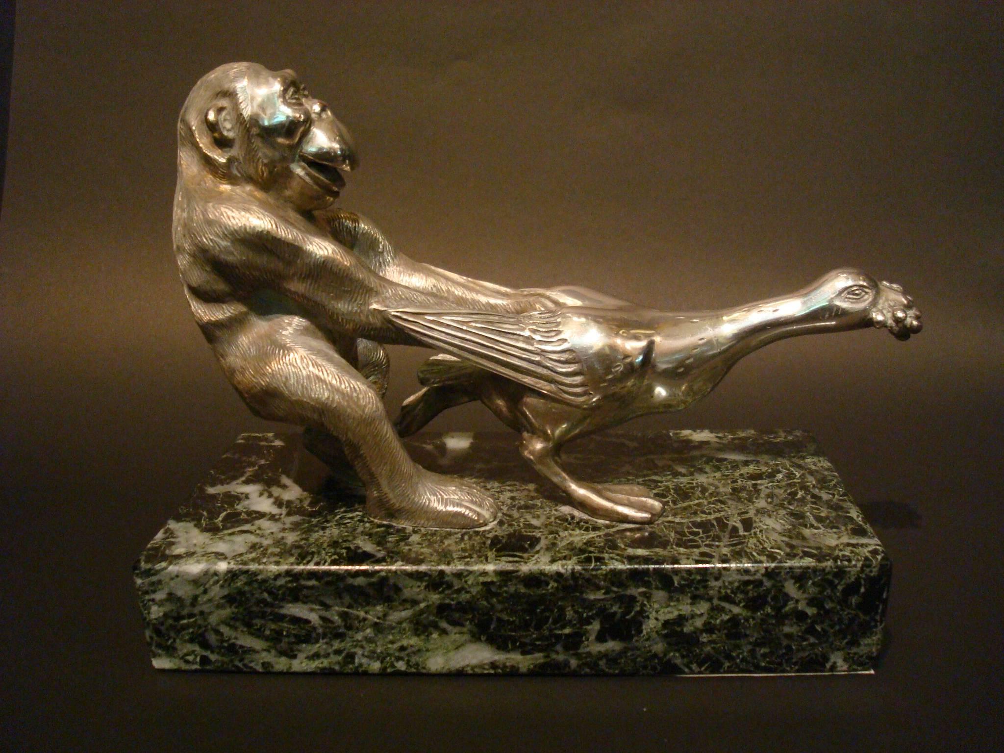 Early 20th Century Art Deco Silvered Bronze Monkey sculpture Bookends by Becquerel