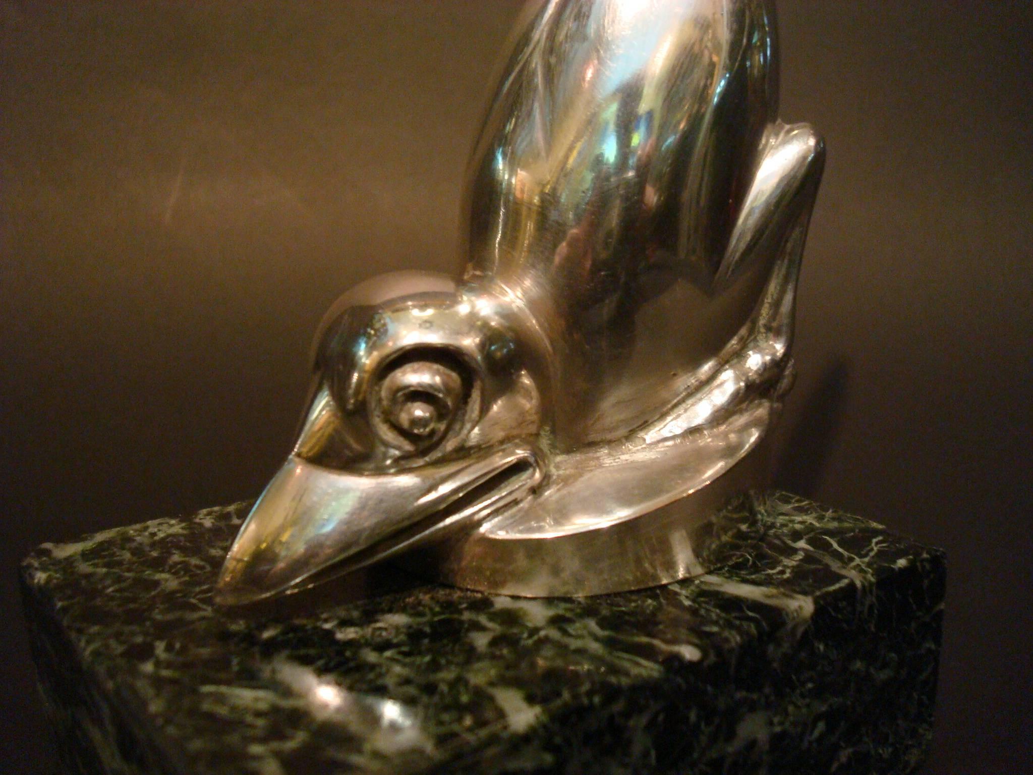 French Art Deco Silver Plated Bronze Birds Bookends, M. Bouraine
