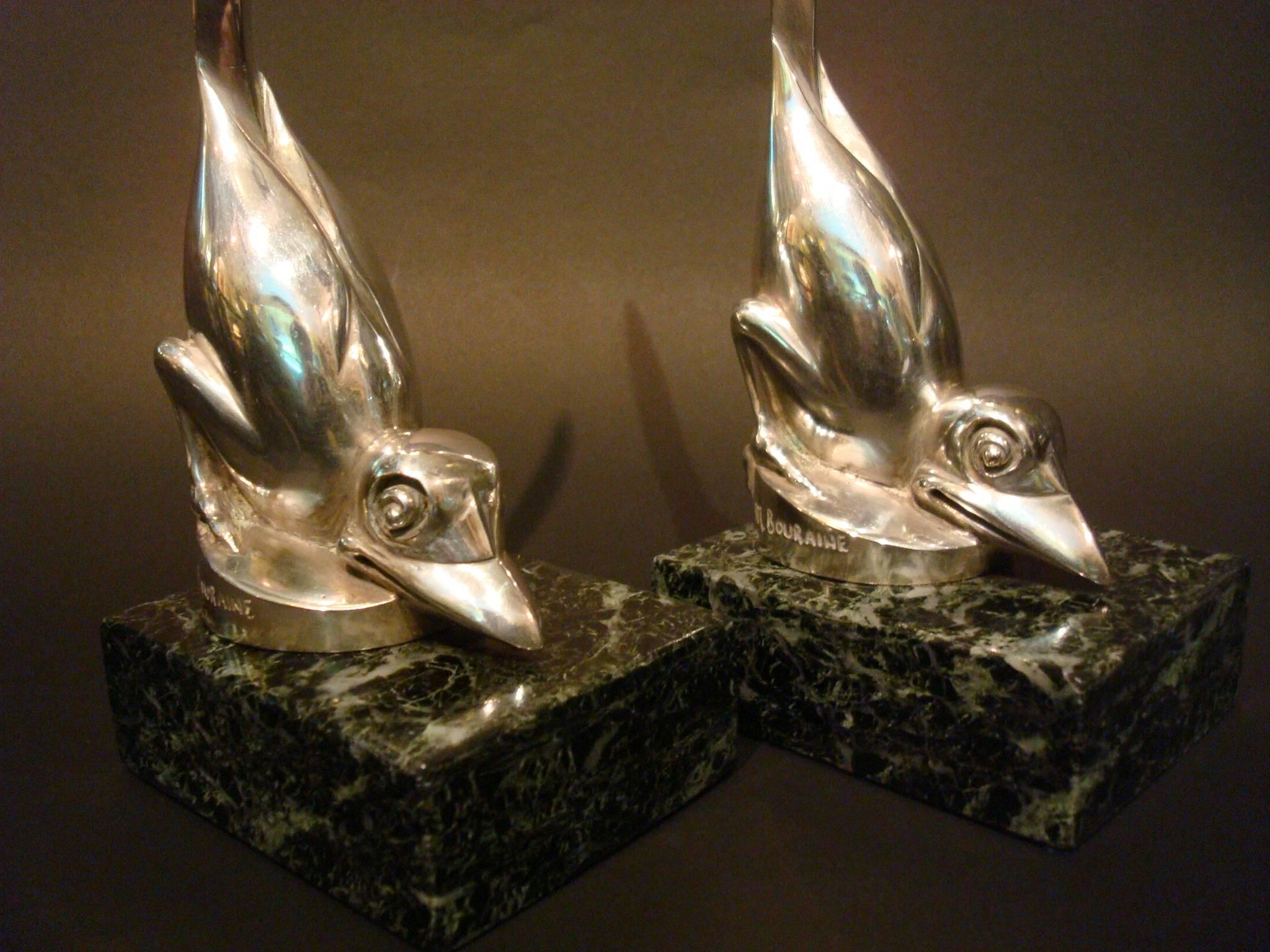 Art Deco Silver Plated Bronze Birds Bookends, M. Bouraine 1