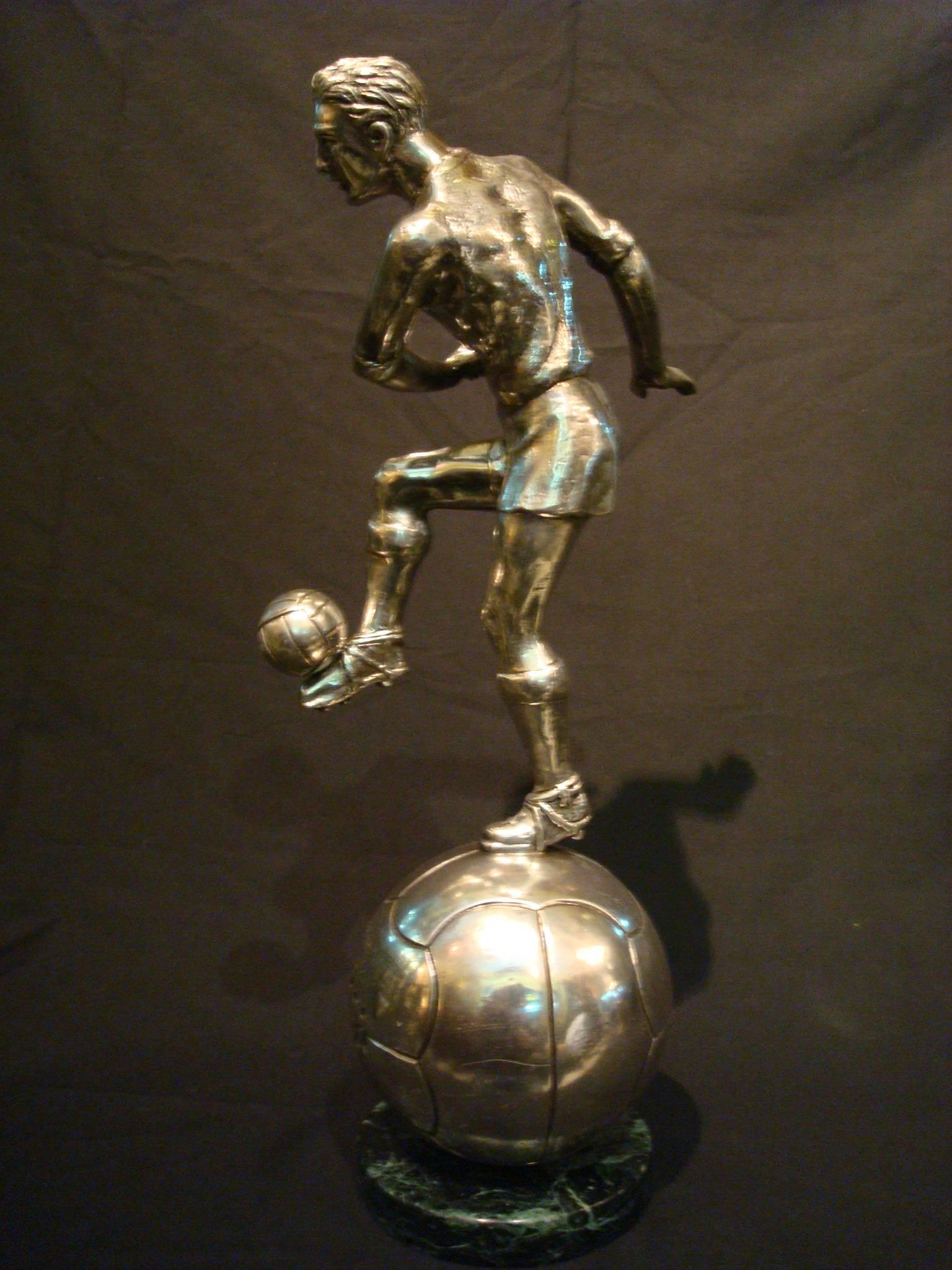 Silvered Football / Soccer Trophy Player Italian Bronze Sculpture, 1930s For Sale