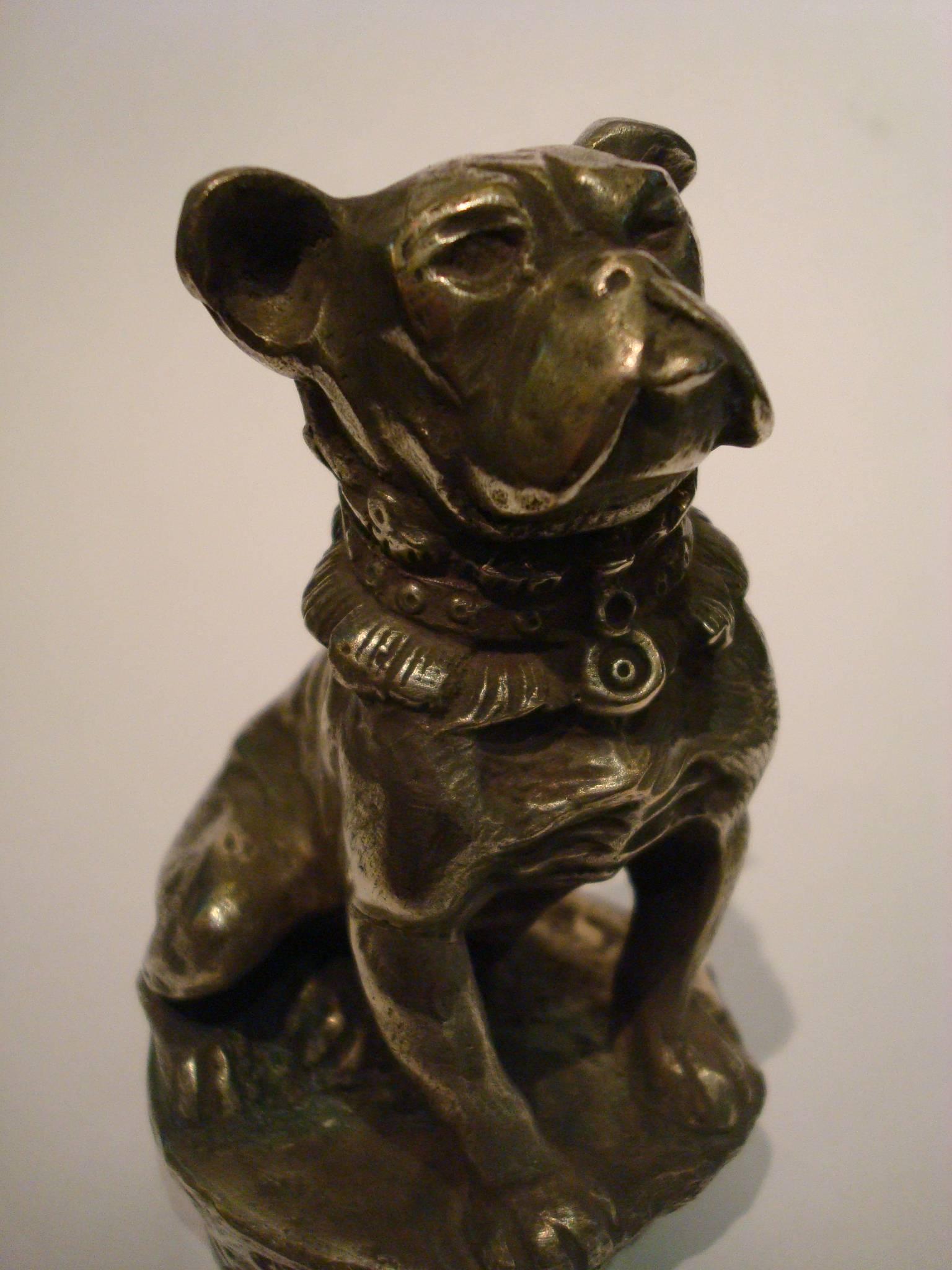 French Bulldog - Bouledogue, silver plated bronze car mascot, hood ornament by Antoine Bofill. Lovely piece of Automobilia.