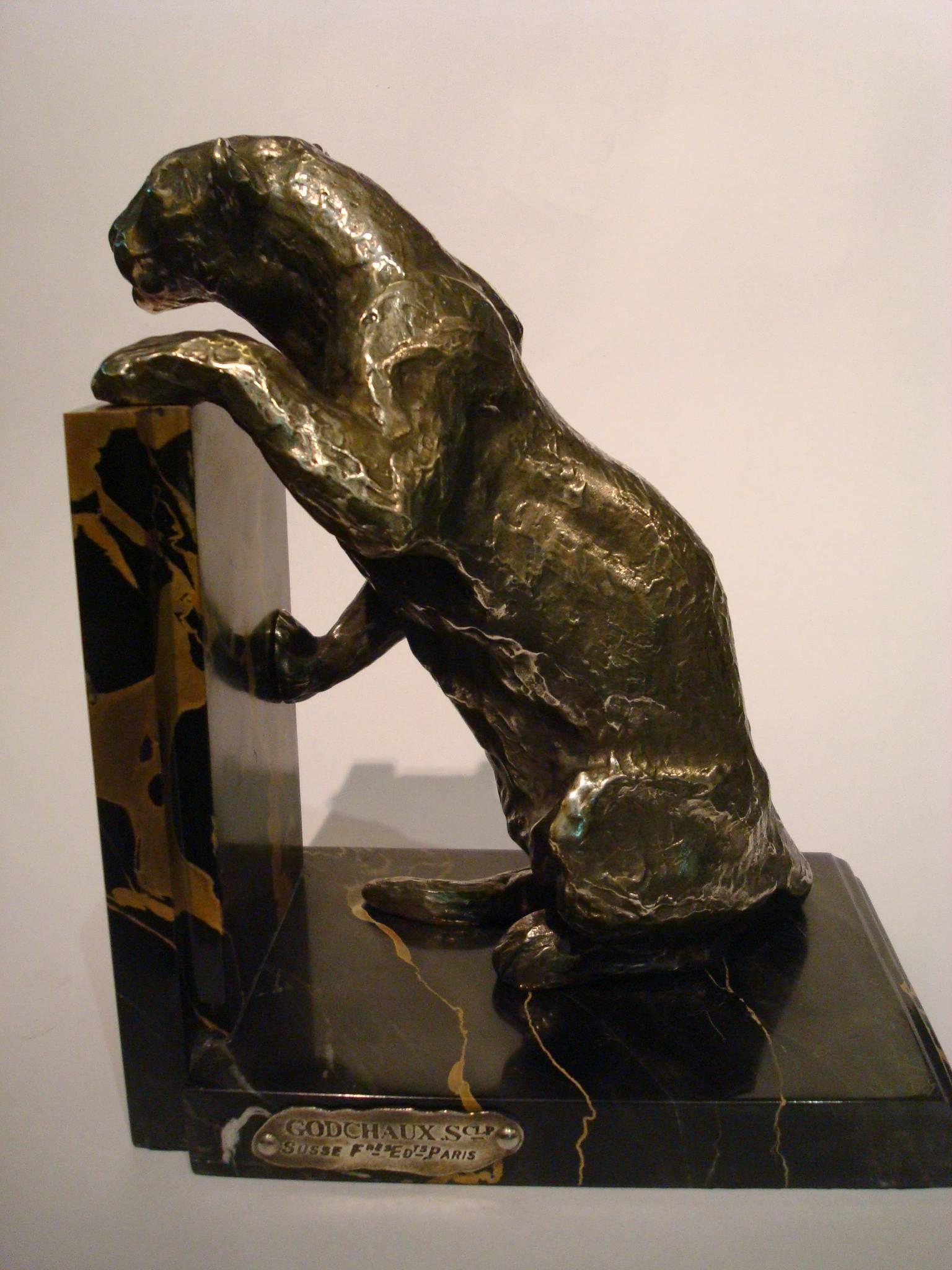 French Art Deco Silver Plated Bronze Panthers Bookends by Roger Godchaux