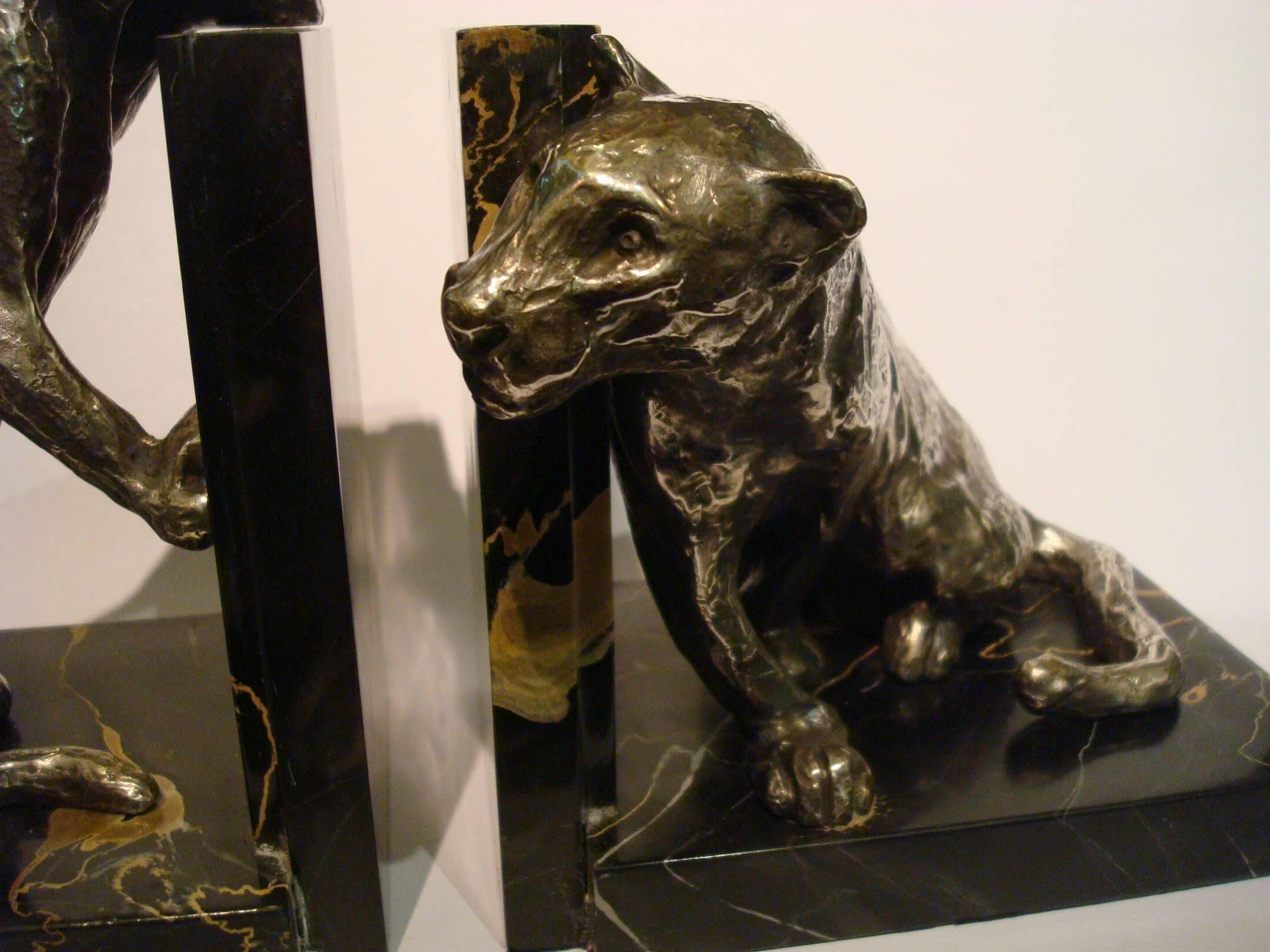 Art Deco Silver Plated Bronze Panthers Bookends by Roger Godchaux at