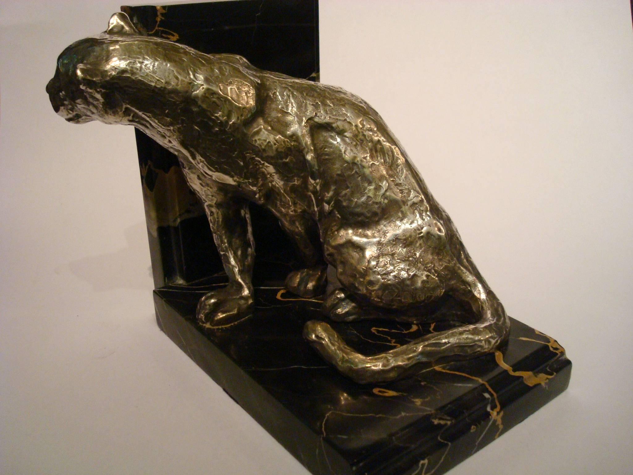 Art Deco Silver Plated Bronze Panthers Bookends by Roger Godchaux 1