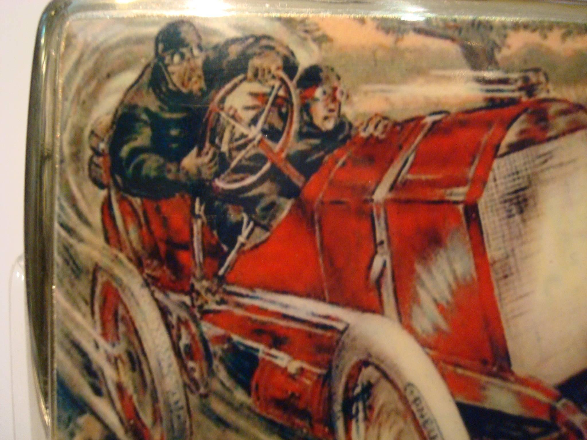 Art Nouveau Racing Chain Car 'Pneus Jenatzy' Silver and Enamel Cigarette Case, circa 1903