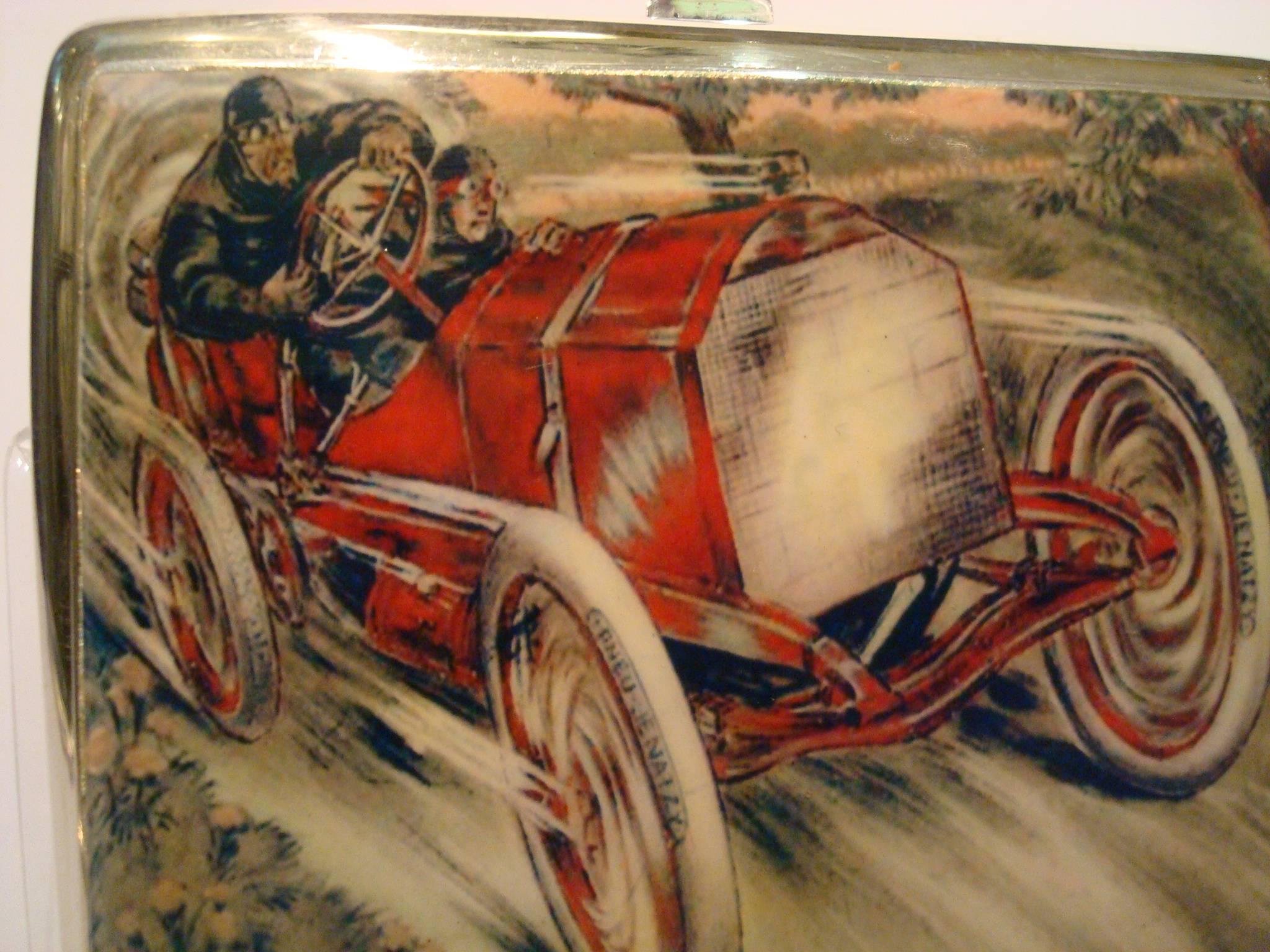Belgian Racing Chain Car 'Pneus Jenatzy' Silver and Enamel Cigarette Case, circa 1903