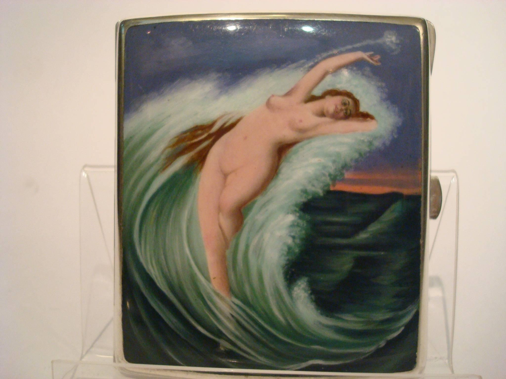 Art Nouveau Erotic Silver and Enamel Nude Woman, Mermaid Cigarette Case Box