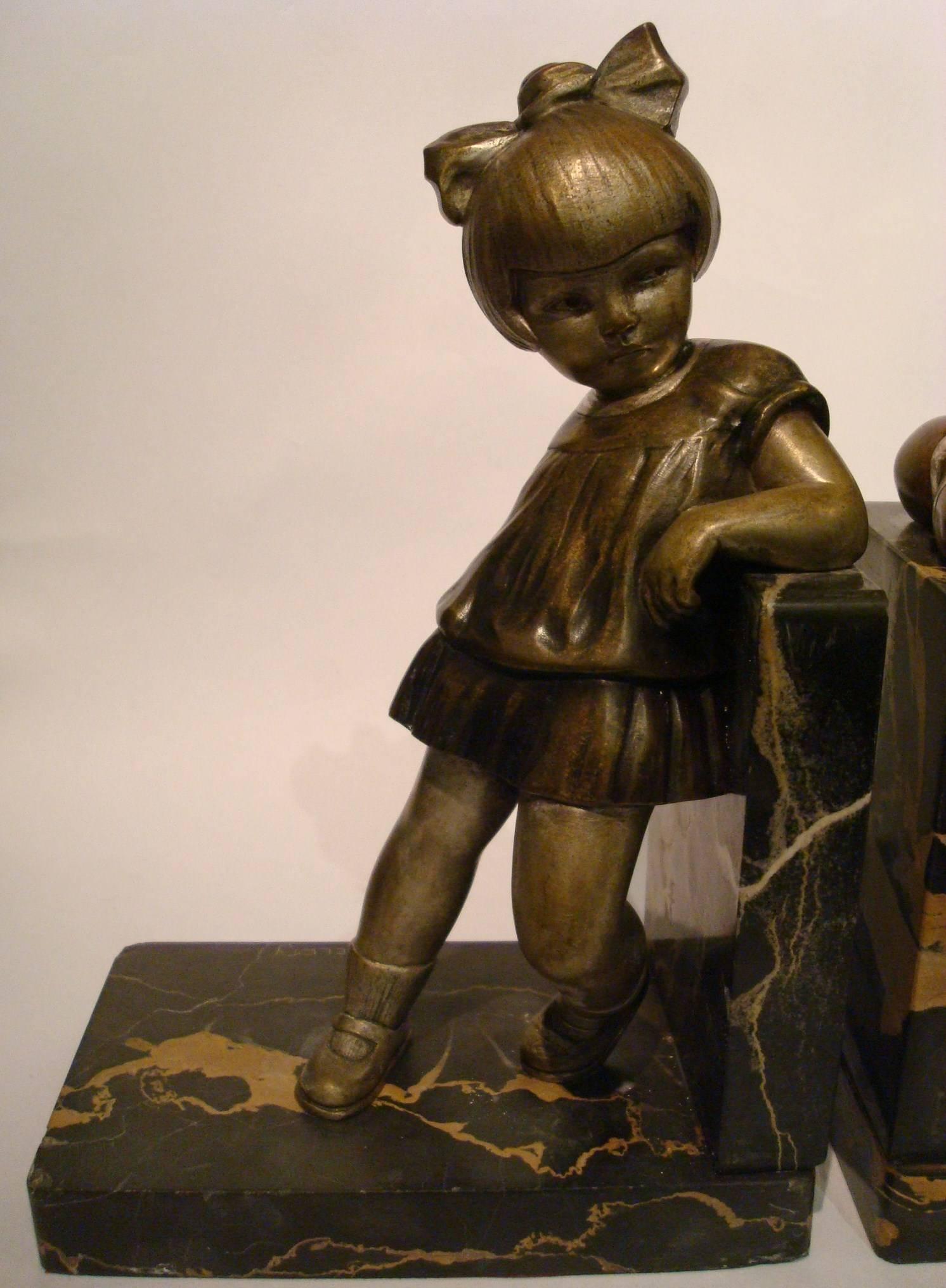French Art Deco Bronze Child Bookends by Alexandre Kelety, France, circa 1930