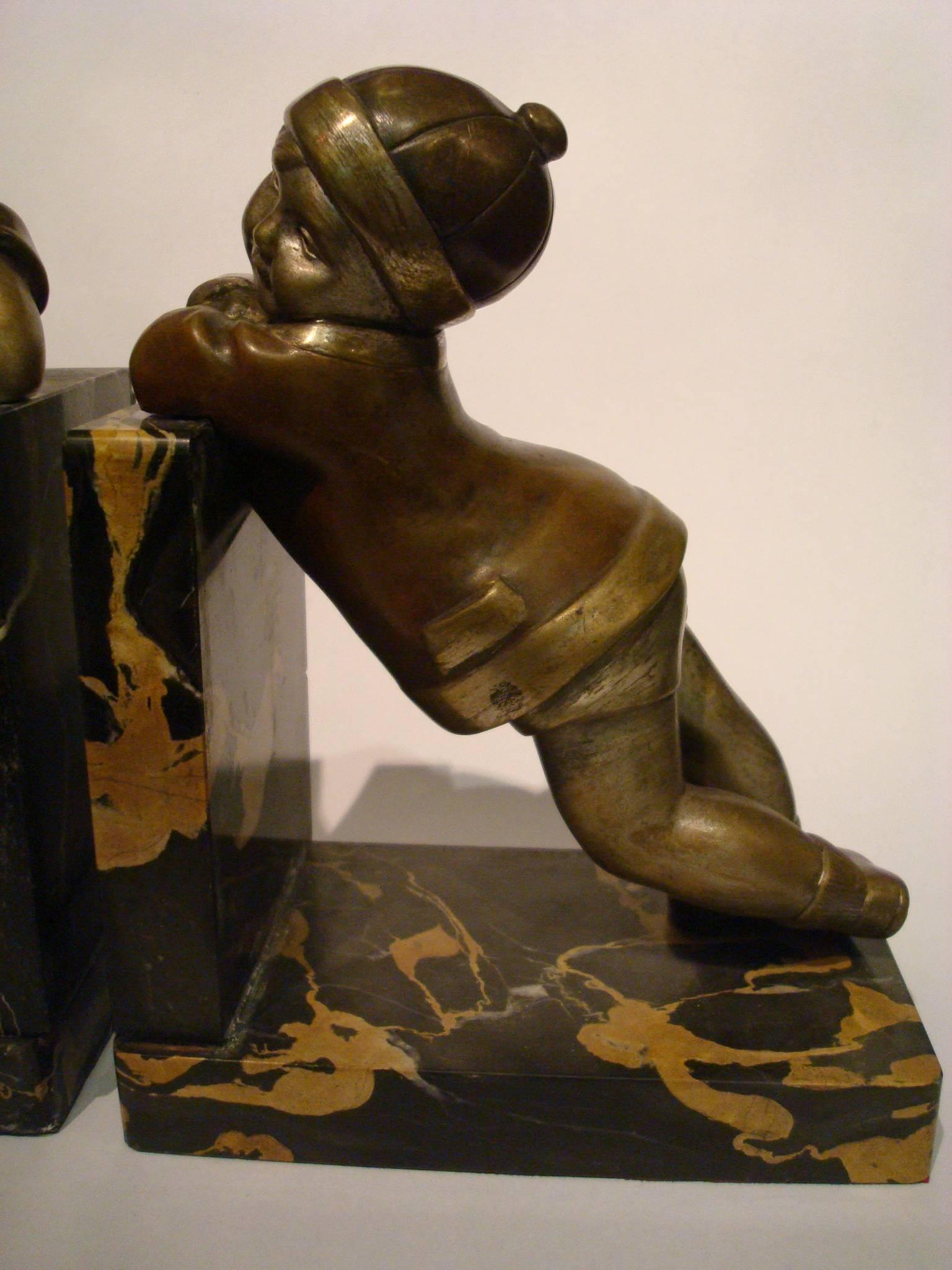 Mid-20th Century Art Deco Bronze Child Bookends by Alexandre Kelety, France, circa 1930