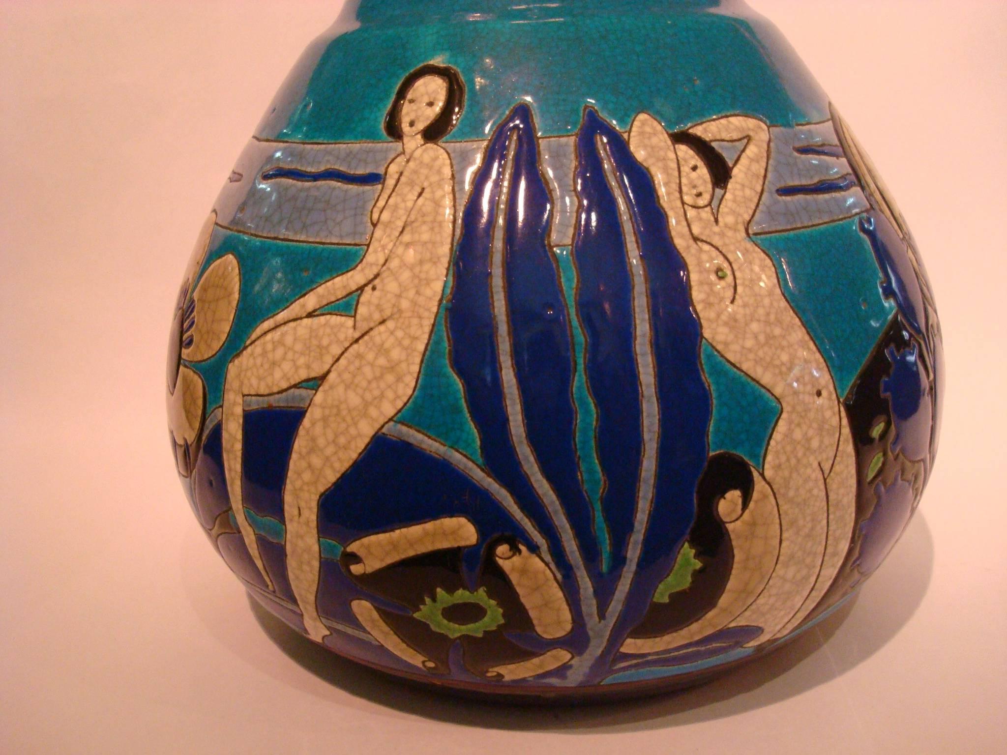 Atelier Primavera Longwy Baigneuses Art Deco Flower Vase, French, circa 1930 (Französisch)