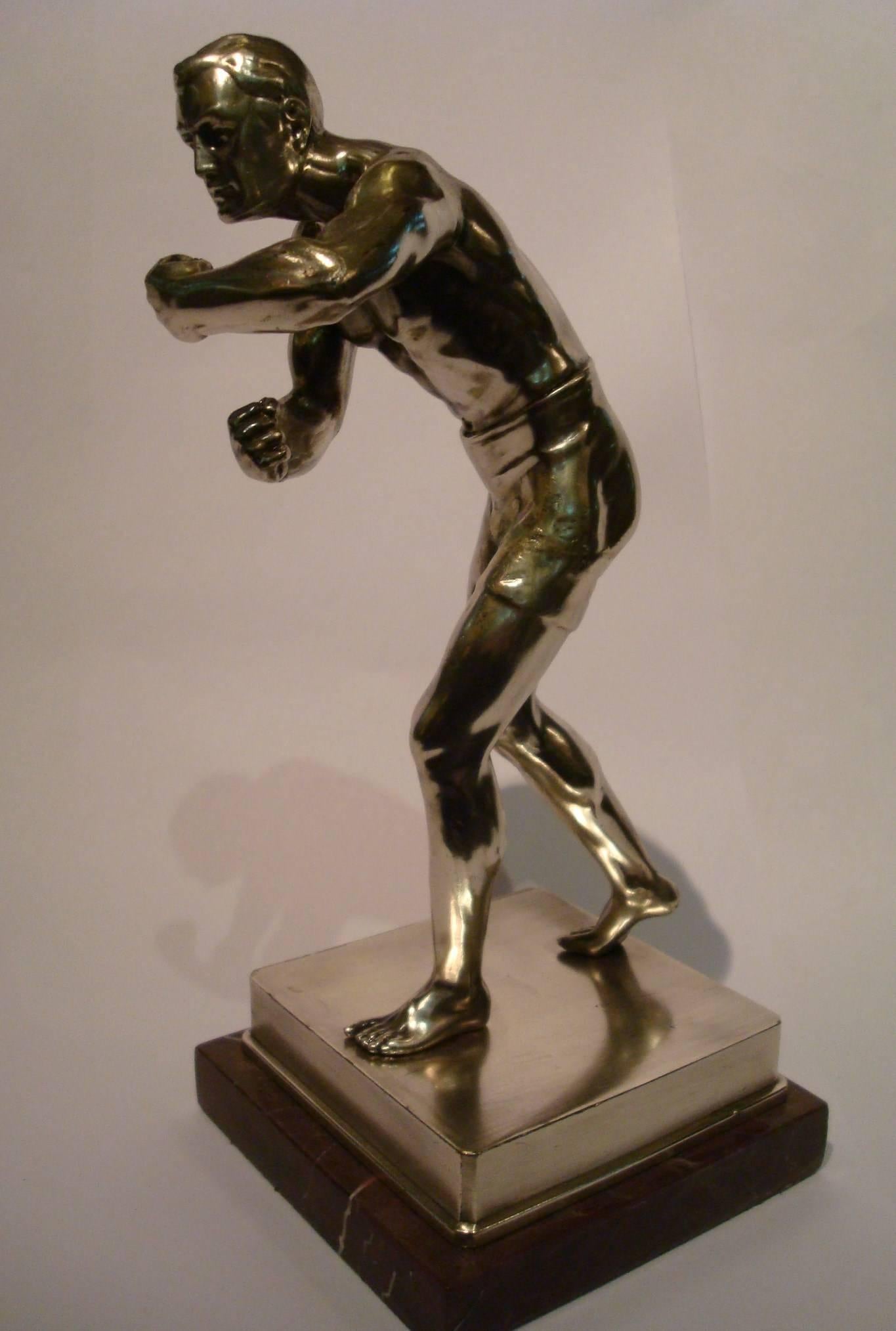 Silver plated figure / sculpture  of a boxer signed Bertin, France, circa 1930. Mounted over a marble base. Perfect for a boxing, sports wrestling fan. 