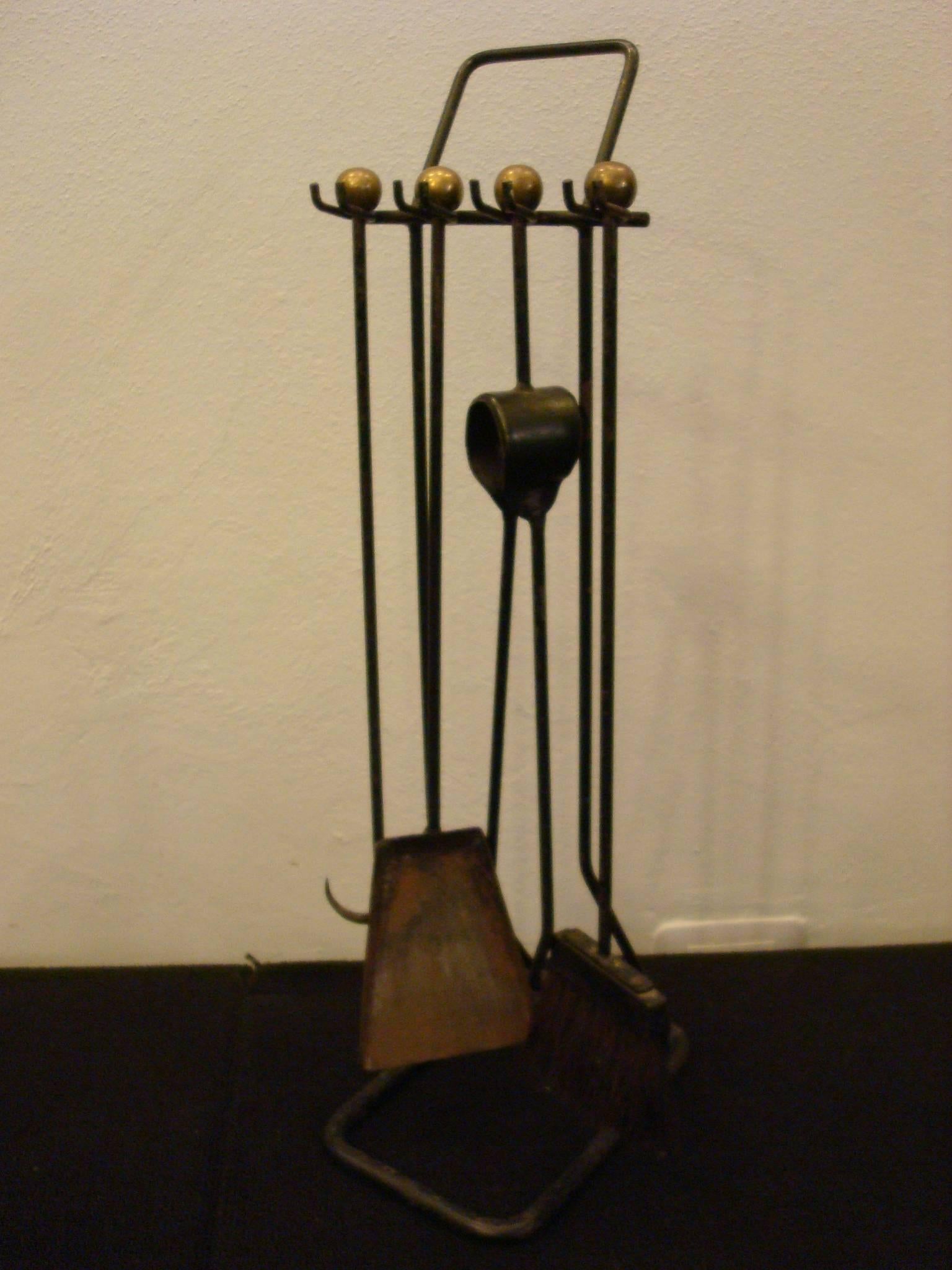 Wrought Iron Jean Royere Iron Andiron with Tool Set, France, circa 1940