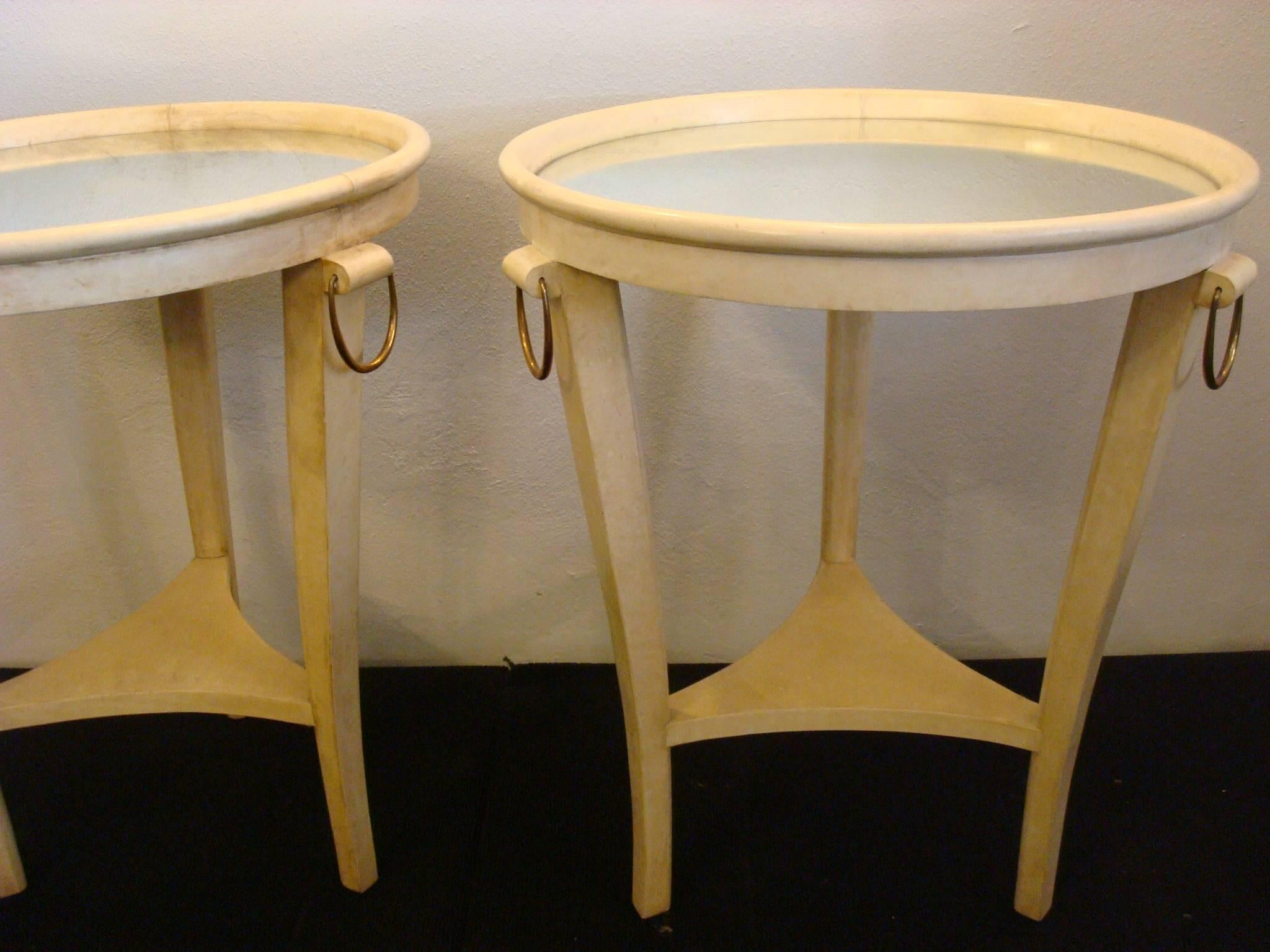 Mid-20th Century Art Deco Andre Arbus Parchment Leather and Mirror Side Tables, France, 1930s For Sale
