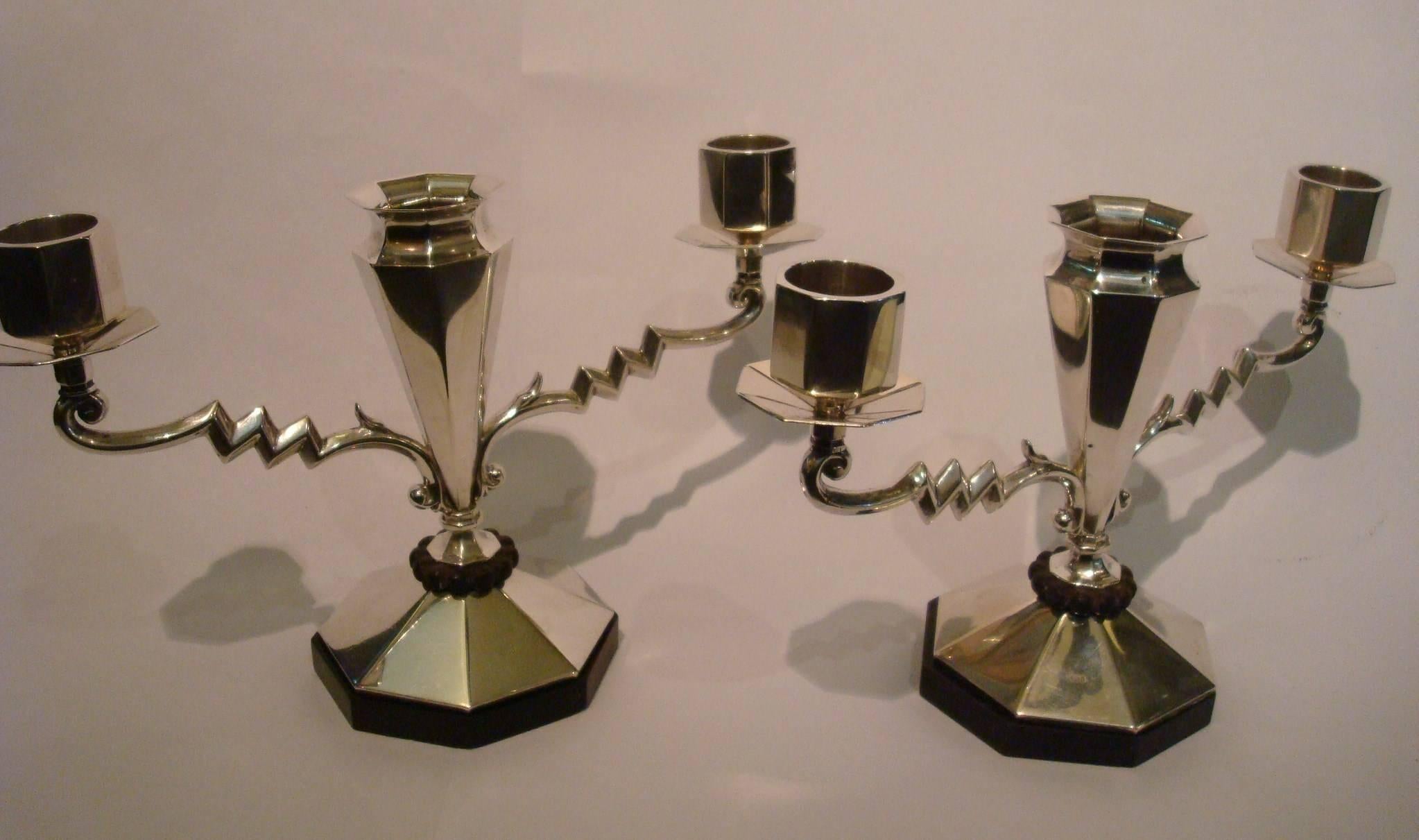 German Pair of Art Deco Silver Candleholders with Flower Vase in the Middle For Sale