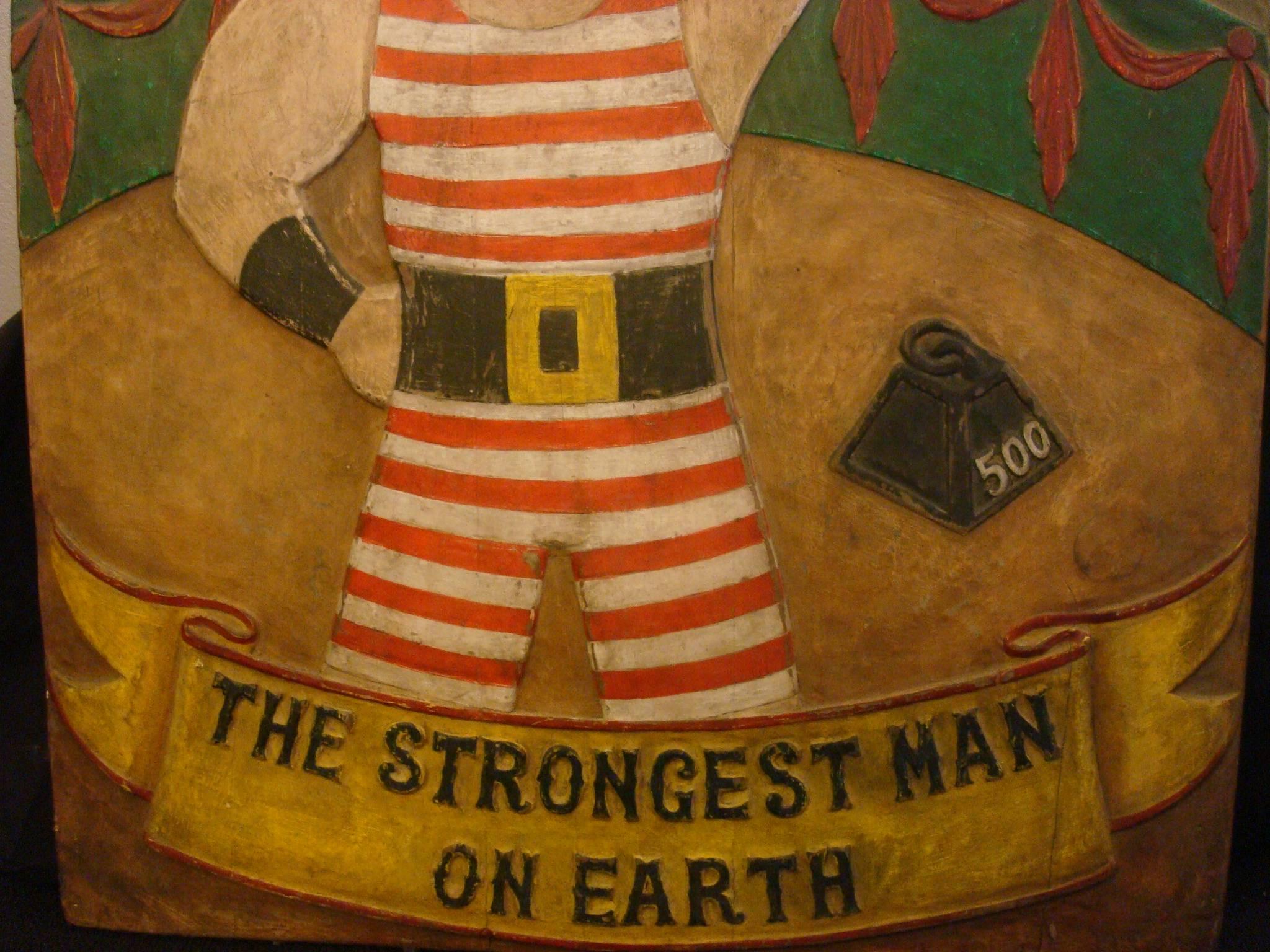 Circus advertising wooden sign. These type of signs would go on the circus wagons or tents. Carnival art. Hercules, the strongest man on earth.
Perfect to decorate a gym or a living room.
 