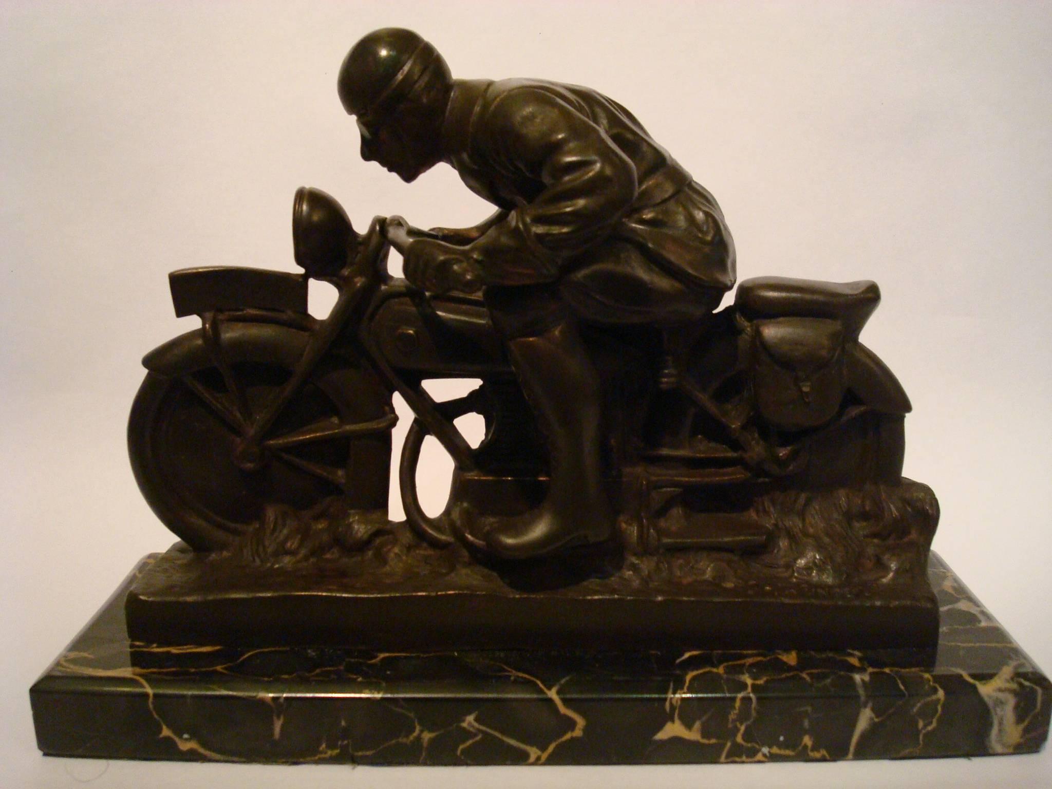 Art Deco Motorcycle Bronze with Driver Desk Piece For Sale