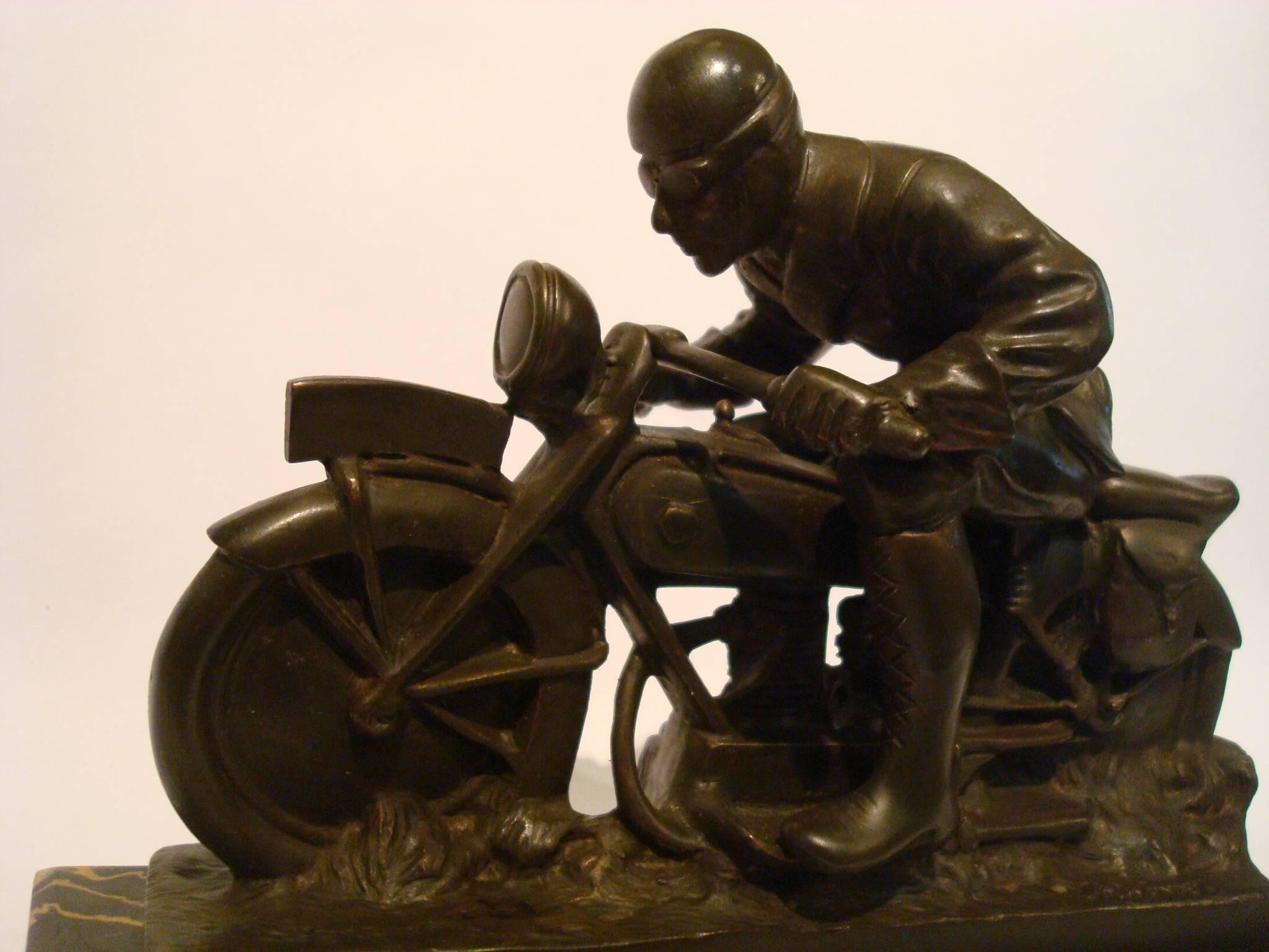 German Motorcycle Bronze with Driver Desk Piece For Sale