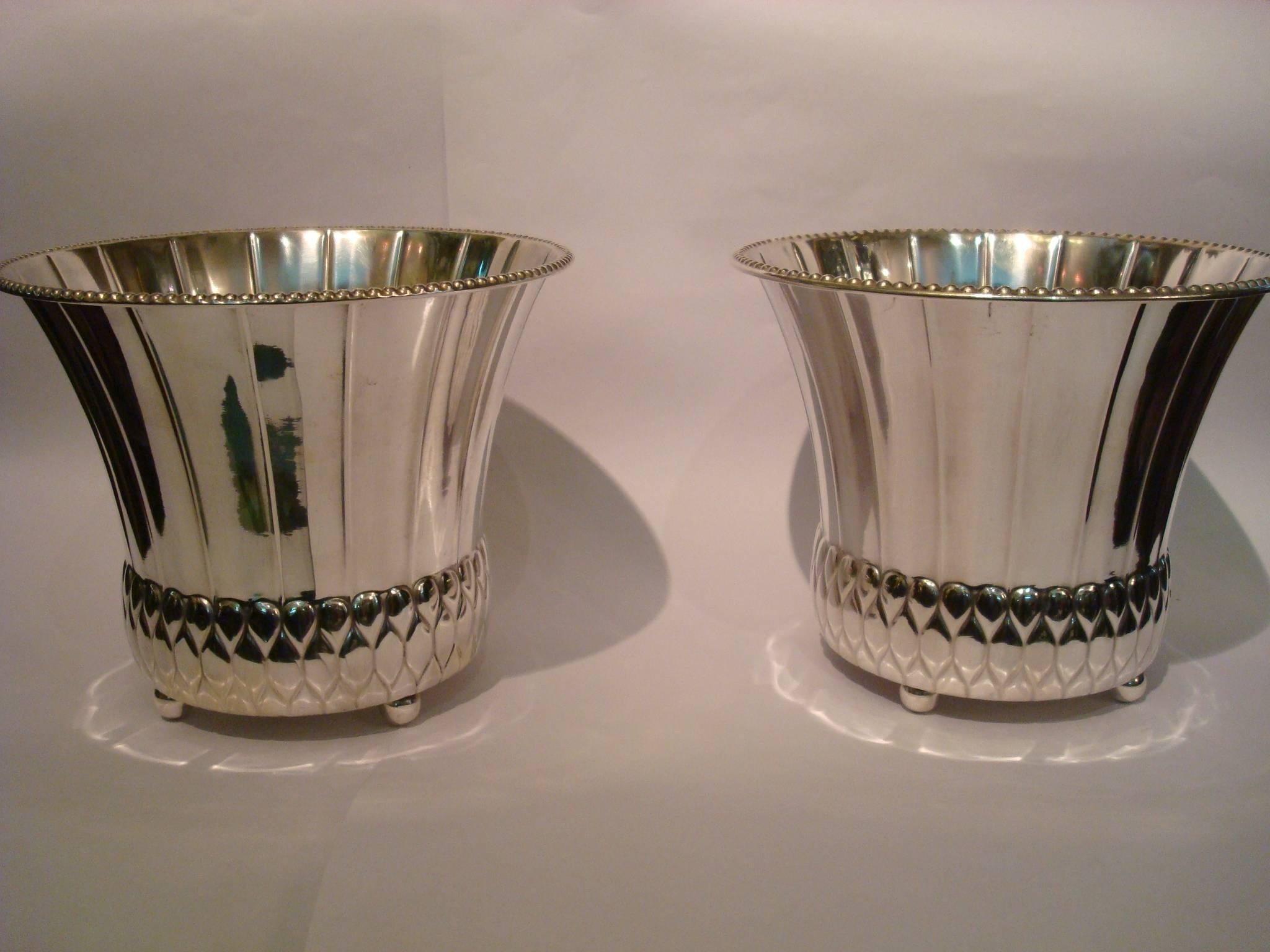 Pair of Art Deco flower planters silver plated brass, Germany, 1920. Marked Alemania. Means Germany.