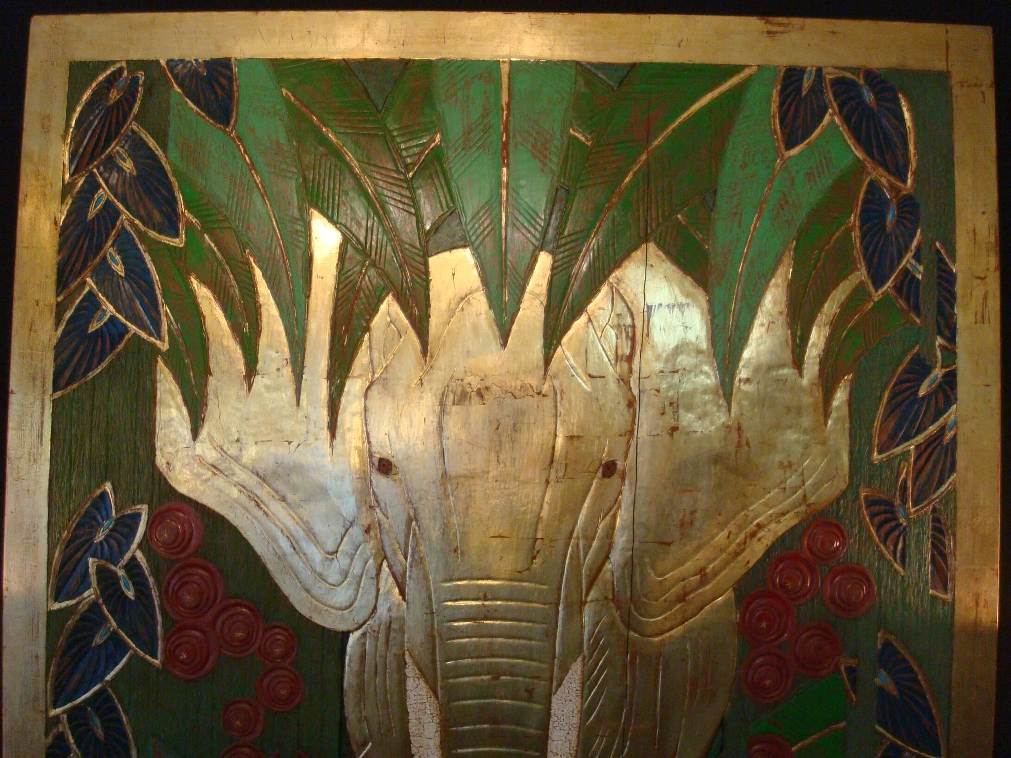 French Art Deco Polychromed Carved Elephant in the Middle of the Jungle Wall Panel