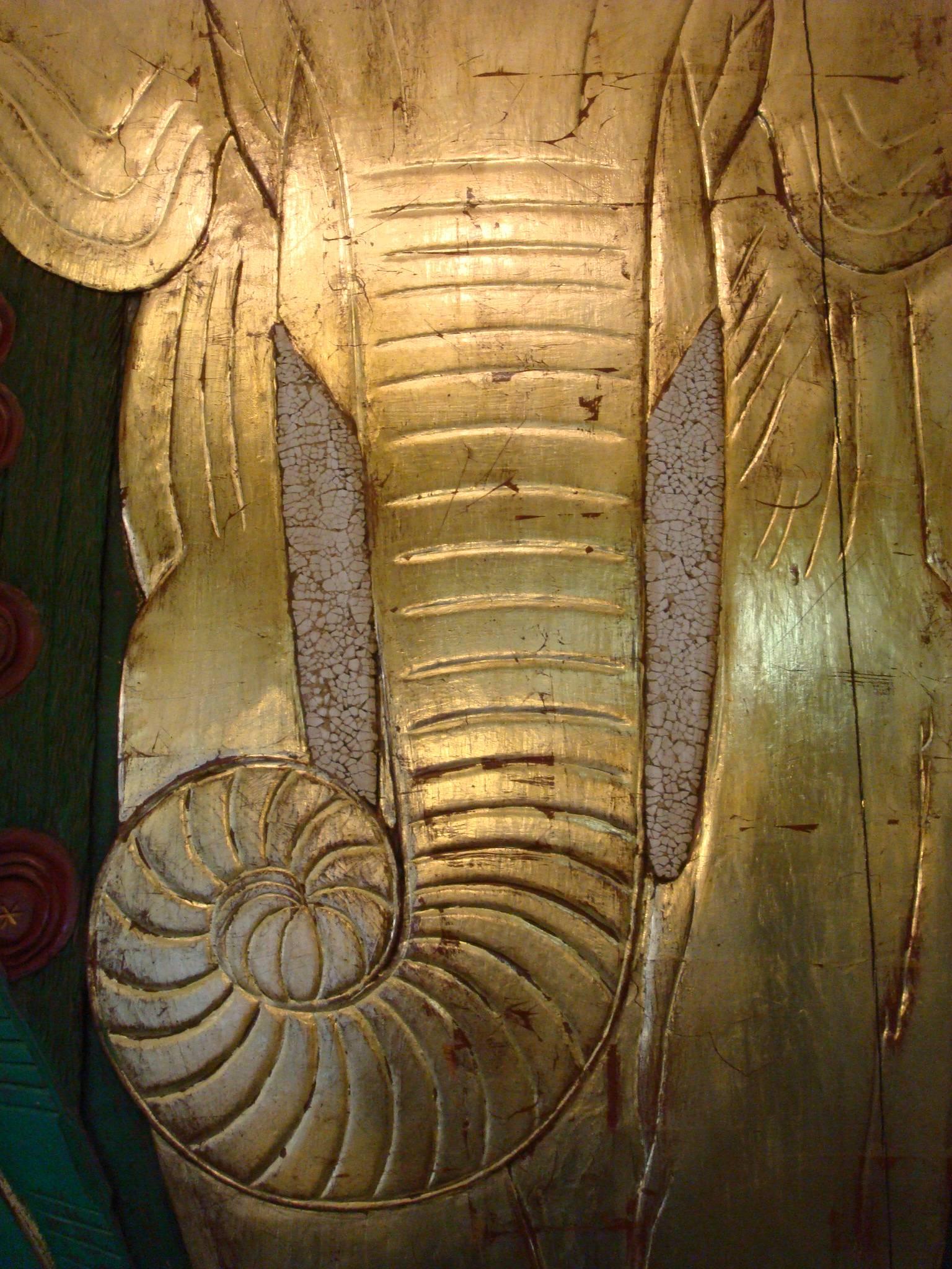 Mid-20th Century Art Deco Polychromed Carved Elephant in the Middle of the Jungle Wall Panel