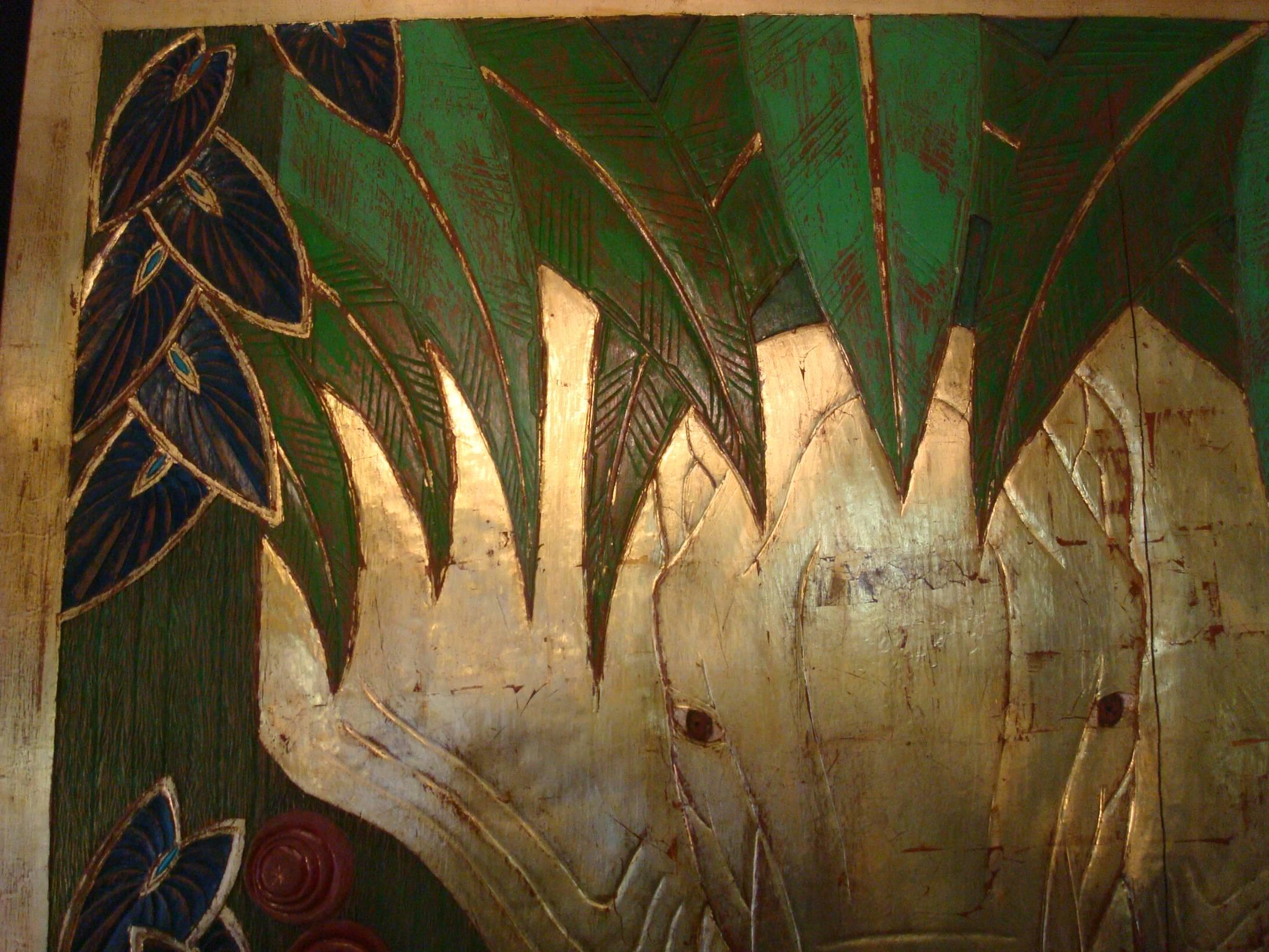 Art Deco Polychromed Carved Elephant in the Middle of the Jungle Wall Panel 1