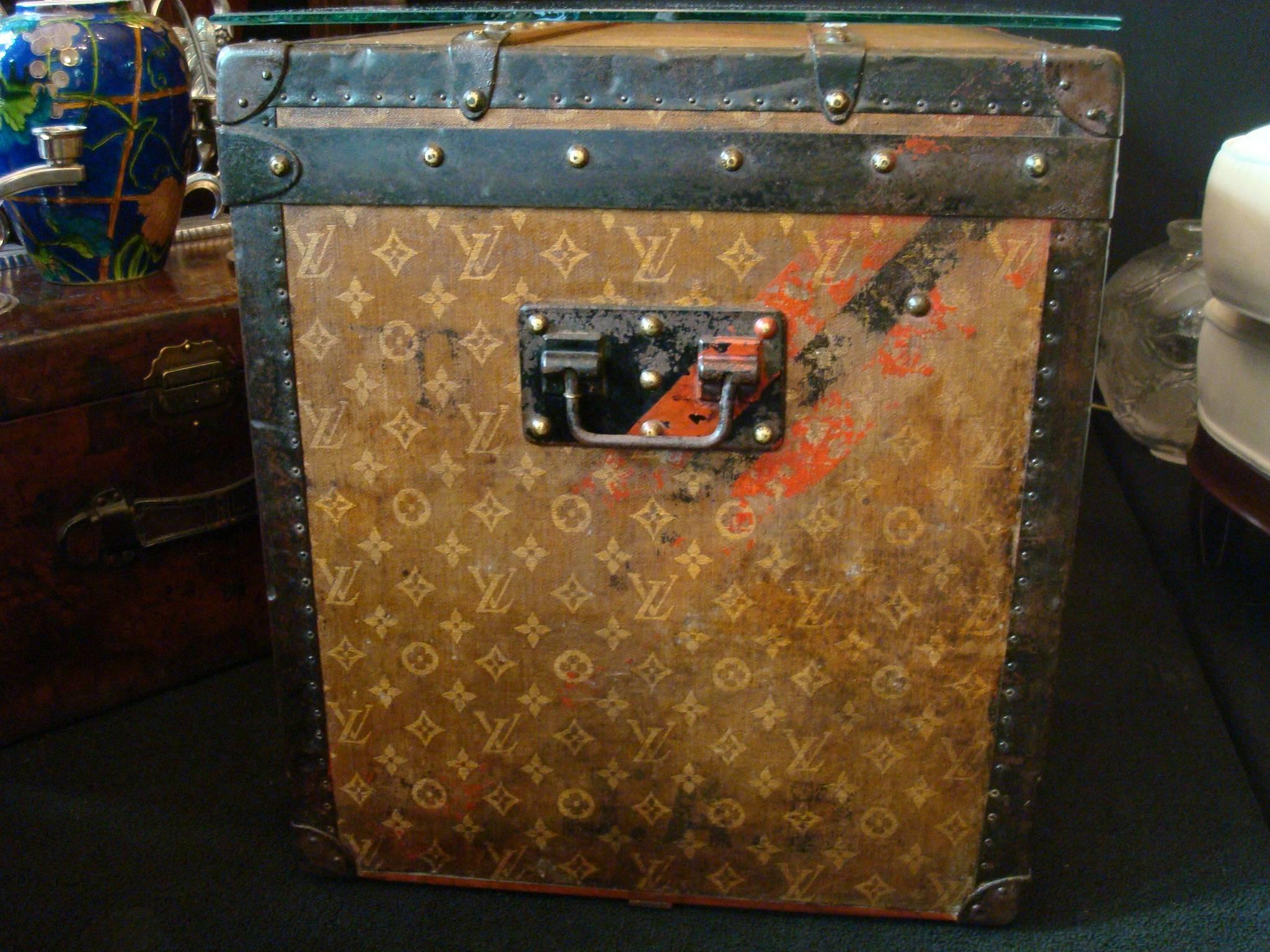 French 1890s Woven Canvas Louis Vuitton Tisse Monogram Steamer Hat Trunk Side Table