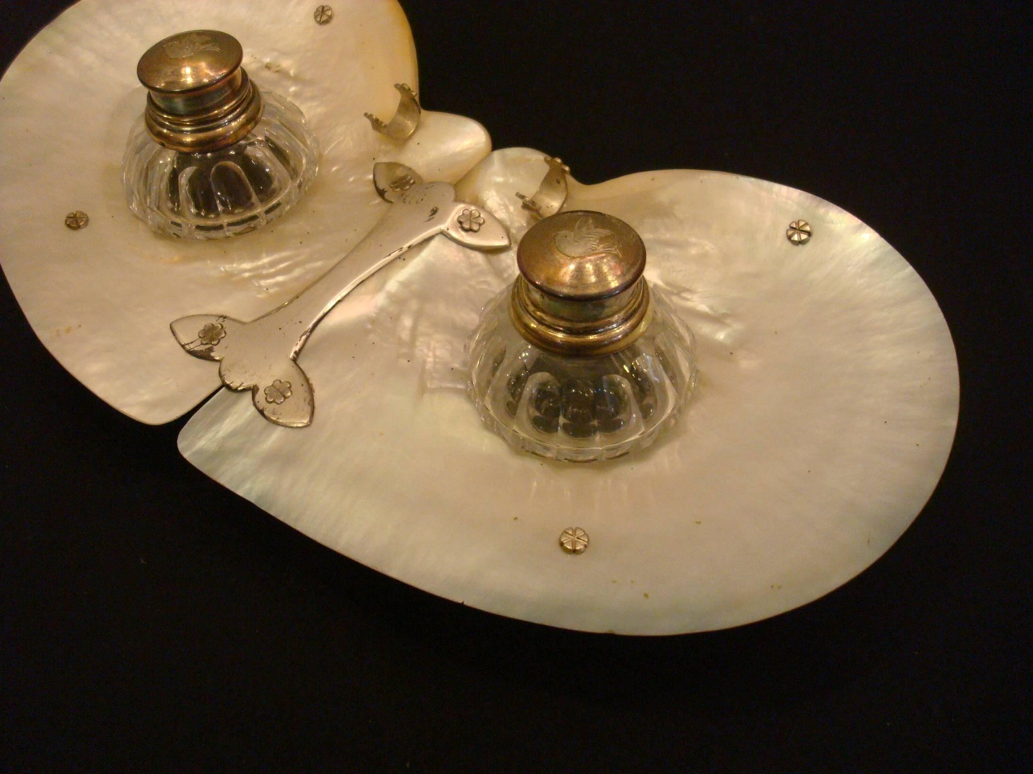 Art Nouveau Mother of Pearl English Desk Inkwell For Sale