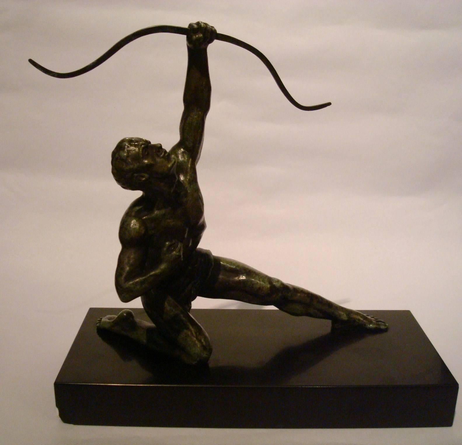 Art Deco male nude Ouline bronze archer.
Bronze archer by Belgian sculptor Alexandre Ouline. Marked bronze and signed Ouline on basis. Also Signed Casa Vignes, that’s the shop that sold it in Buenos Aires. Size is 10