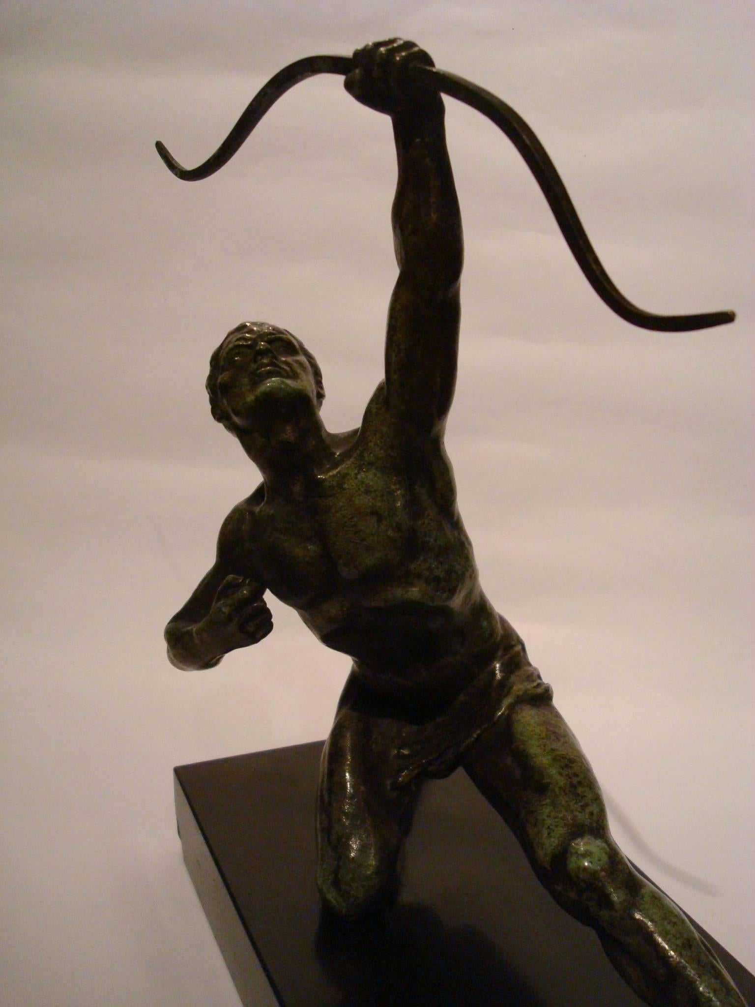 Early 20th Century Art Deco Male Nude Archer Bronze Sculpture by Alexandre Ouline, France, 1925