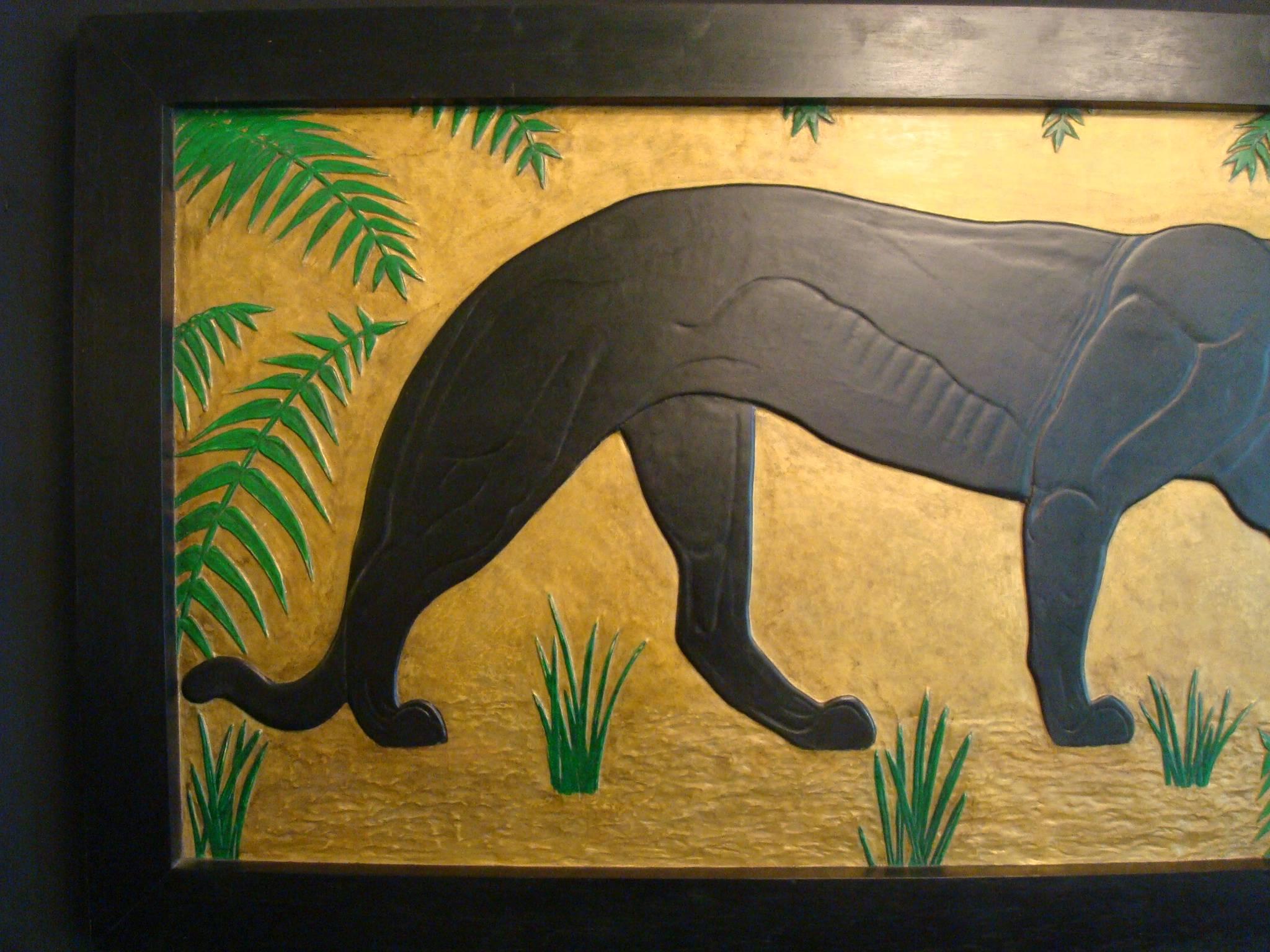 Fantastic Art Deco carved wooden panel. Lovely black panther, in the style of Paul Jouve. Polychromed wood.