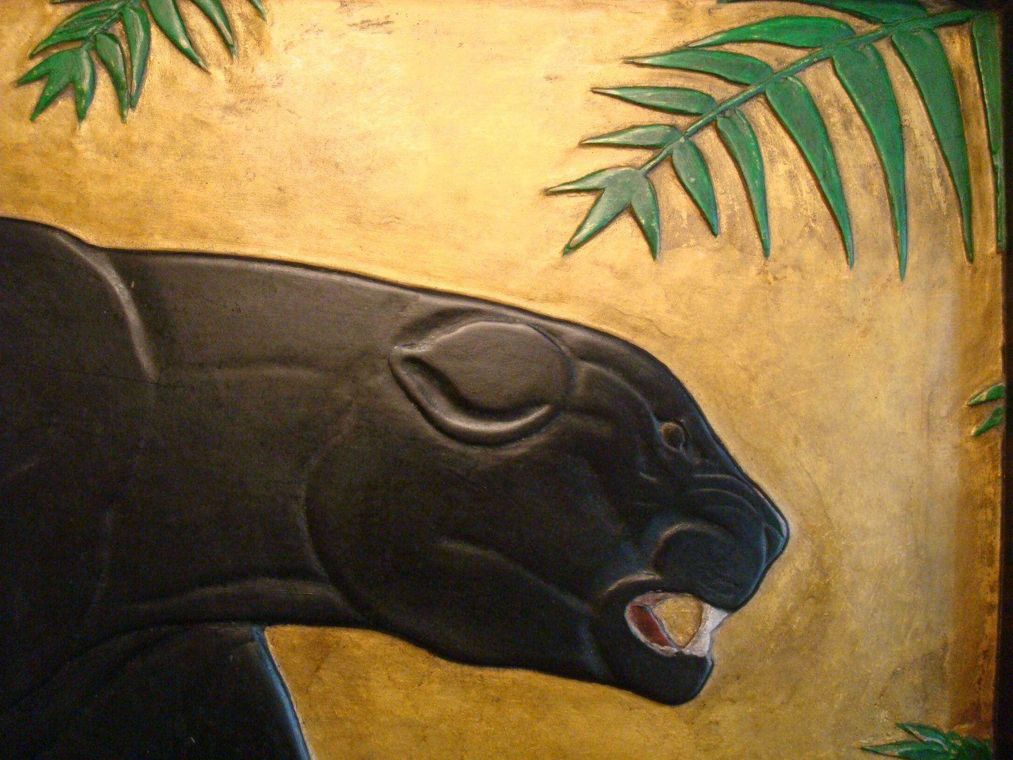 Polychromed Art Deco Carved Panel Black Panther