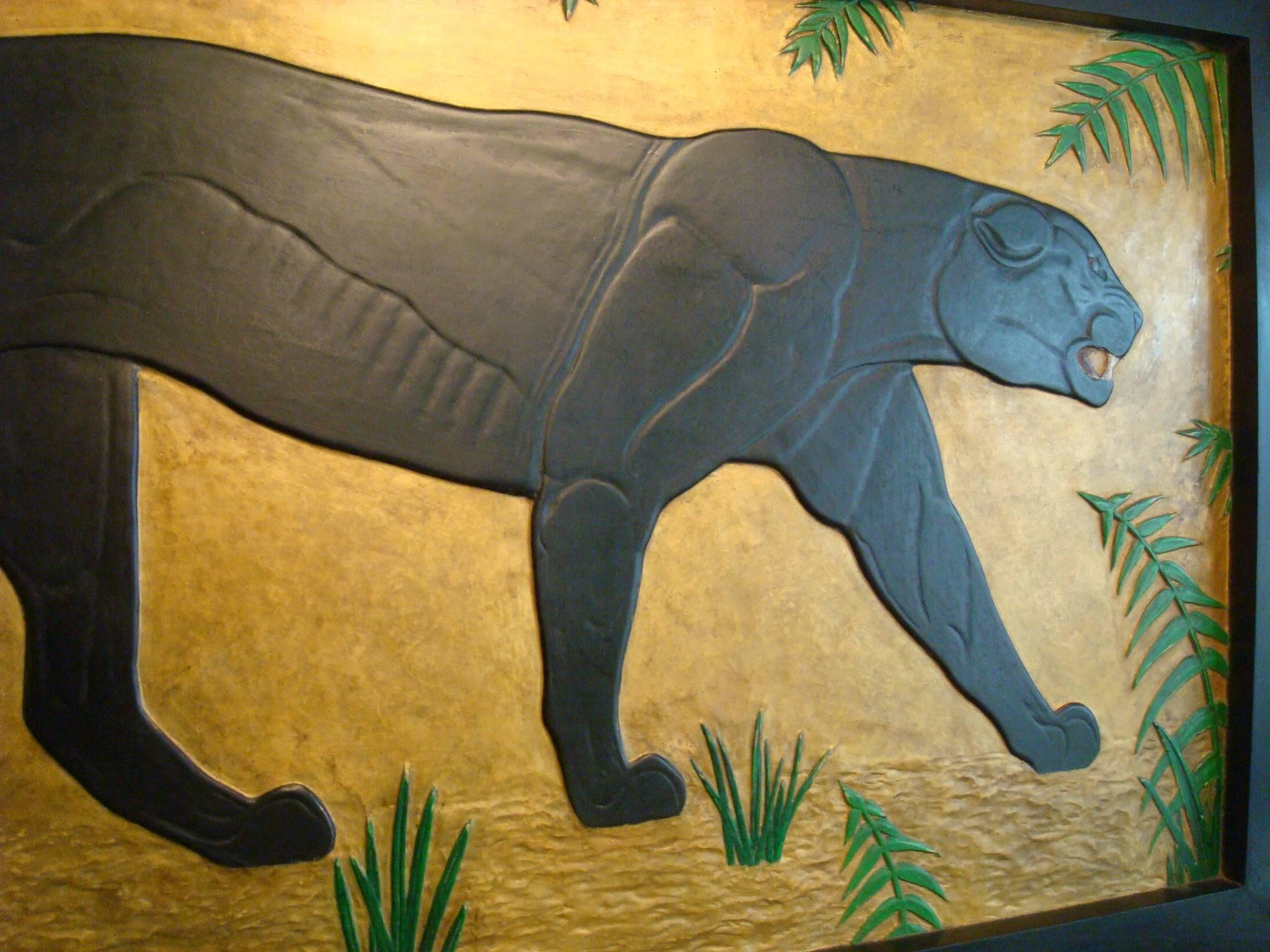 Wood Art Deco Carved Panel Black Panther