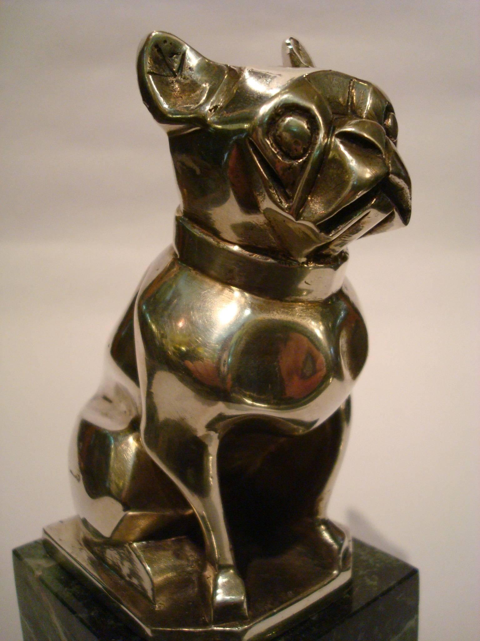 Art Deco French bulldog single bookend or paperweight, France, 1925. Bronze silver plated mounted over green marble base. Marked France.