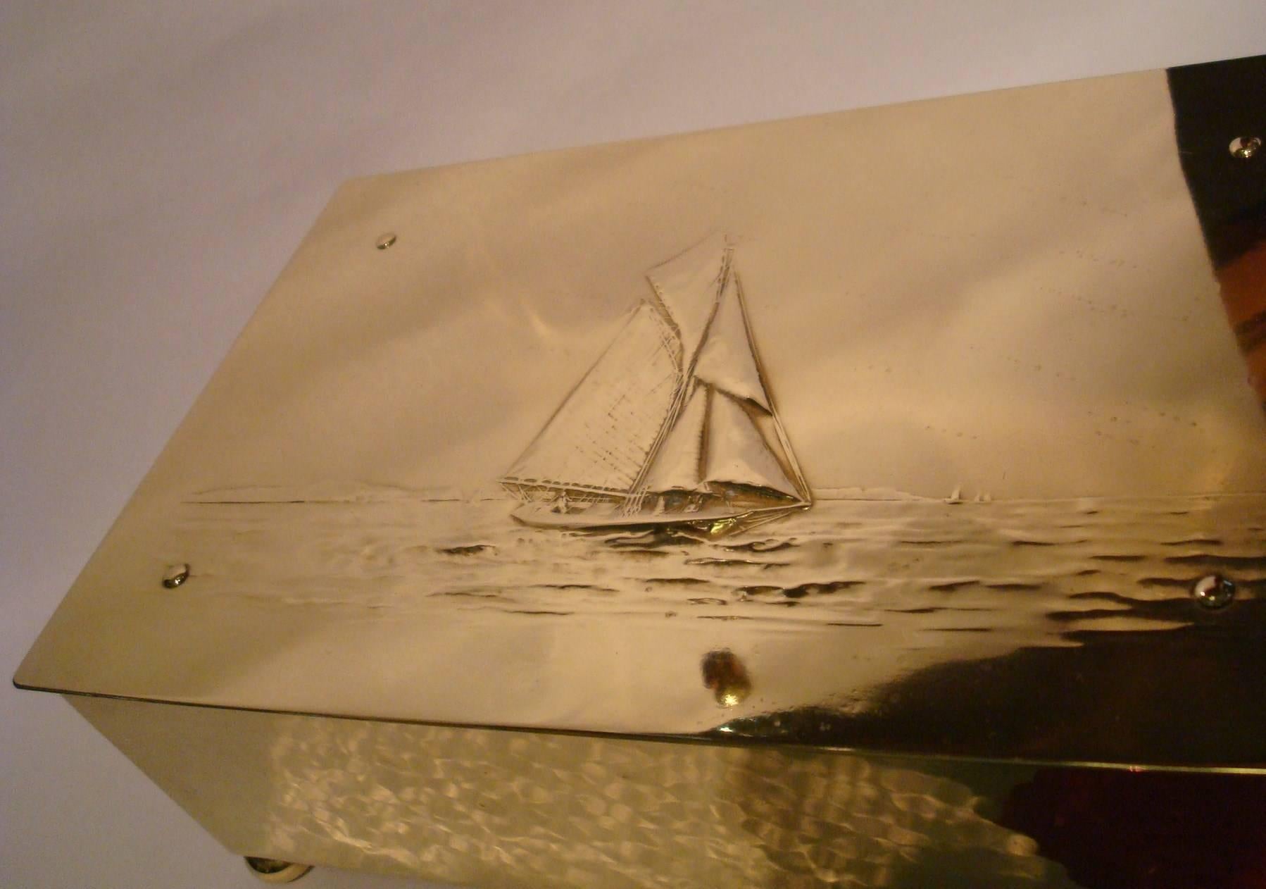 Early 20th Century Old Brass Cigar Case -  Sailingboat En the Lid, German, 1910
