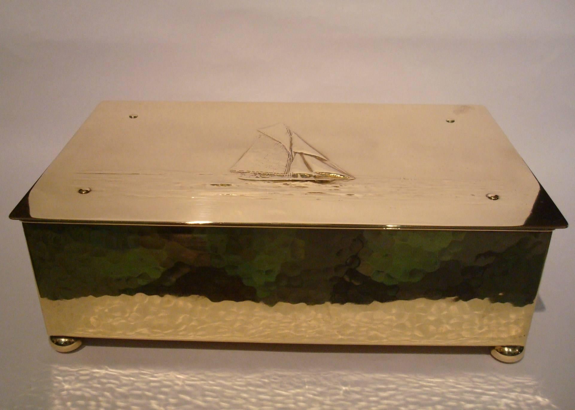 Very neat old brass cigar box (humidor) with Hacifa cigar advertising. Manufactured piece that once contained Hacifa cigars, hand-hammered brass case. Nice embossed image of a sailing Ship on top of box. Utilization of old vintage cigar box on