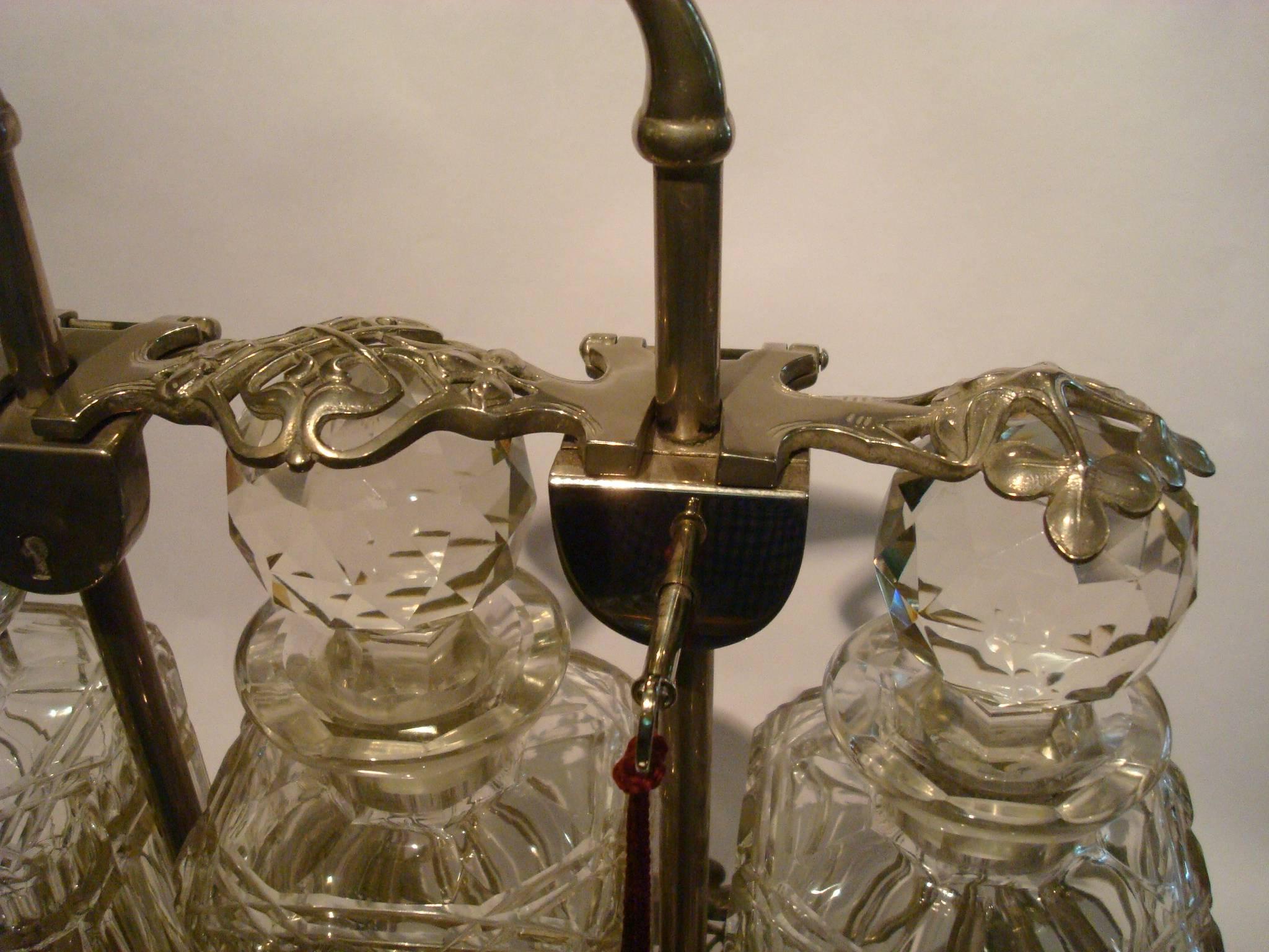 French Antique Art Nouveau Brandy Whisky Tantalus Decanter Set, 1900s