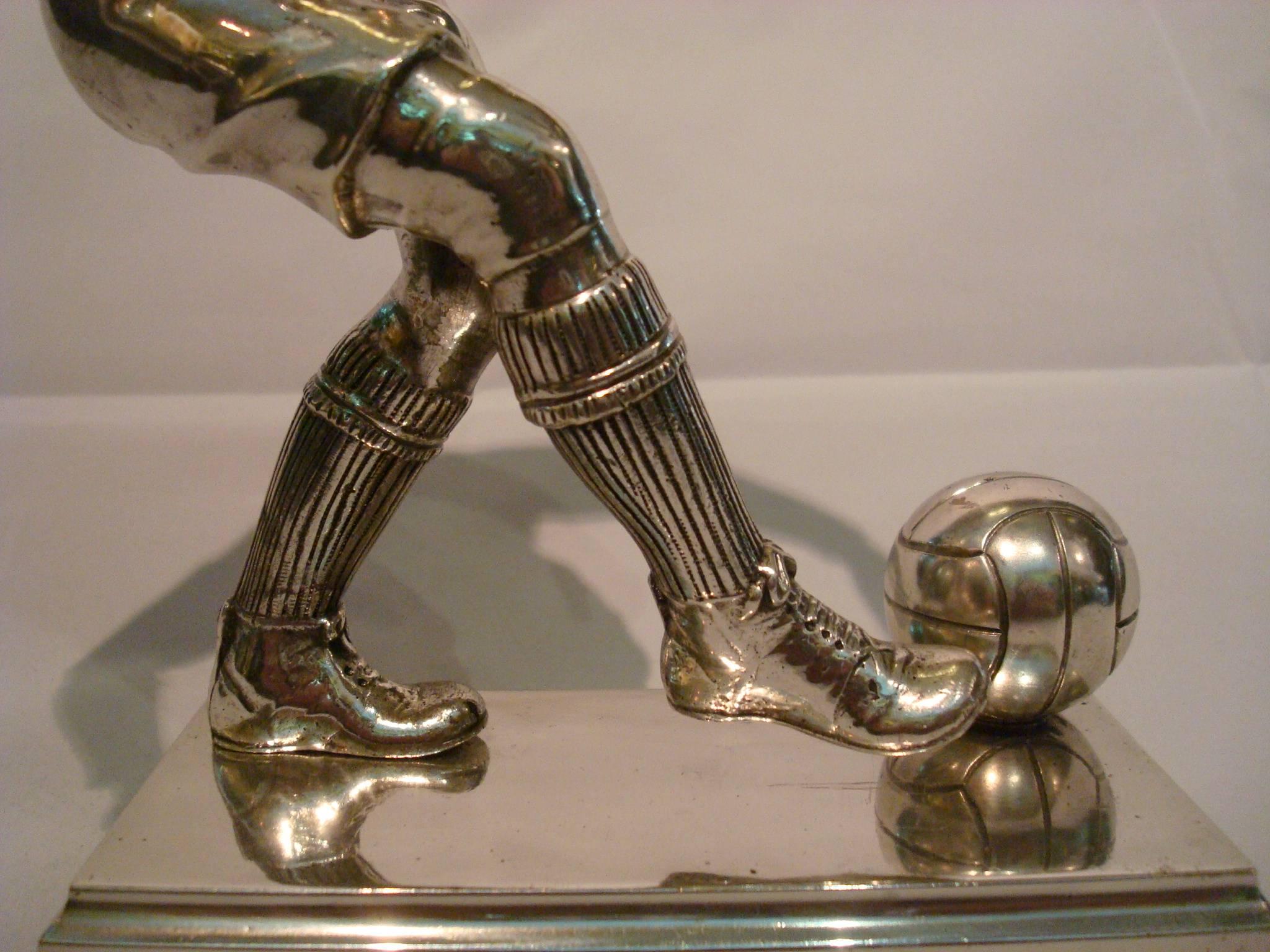French Silver Plated Bronze Soccer Football Player Sculpture