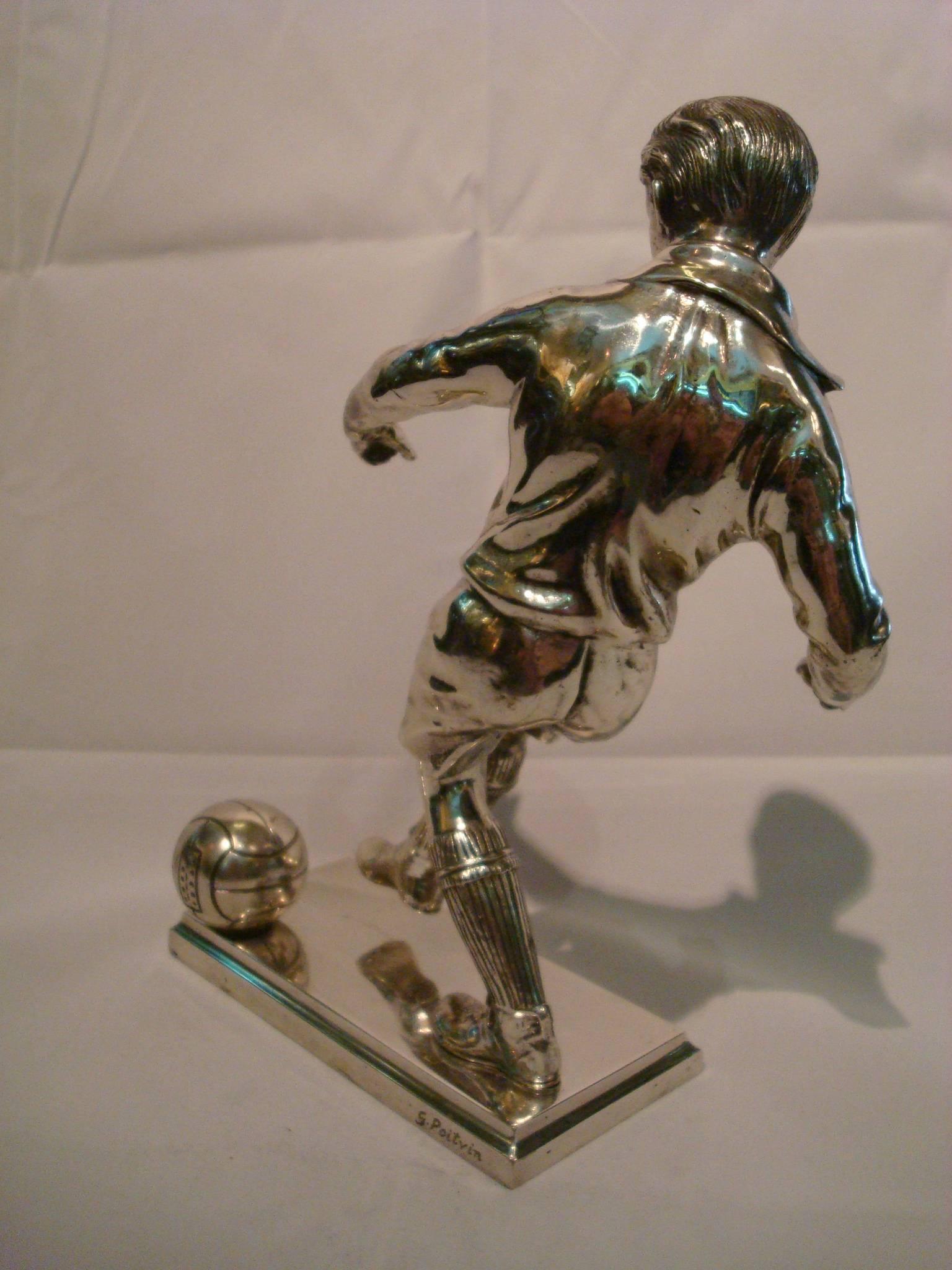 Silvered Silver Plated Bronze Soccer Football Player Sculpture