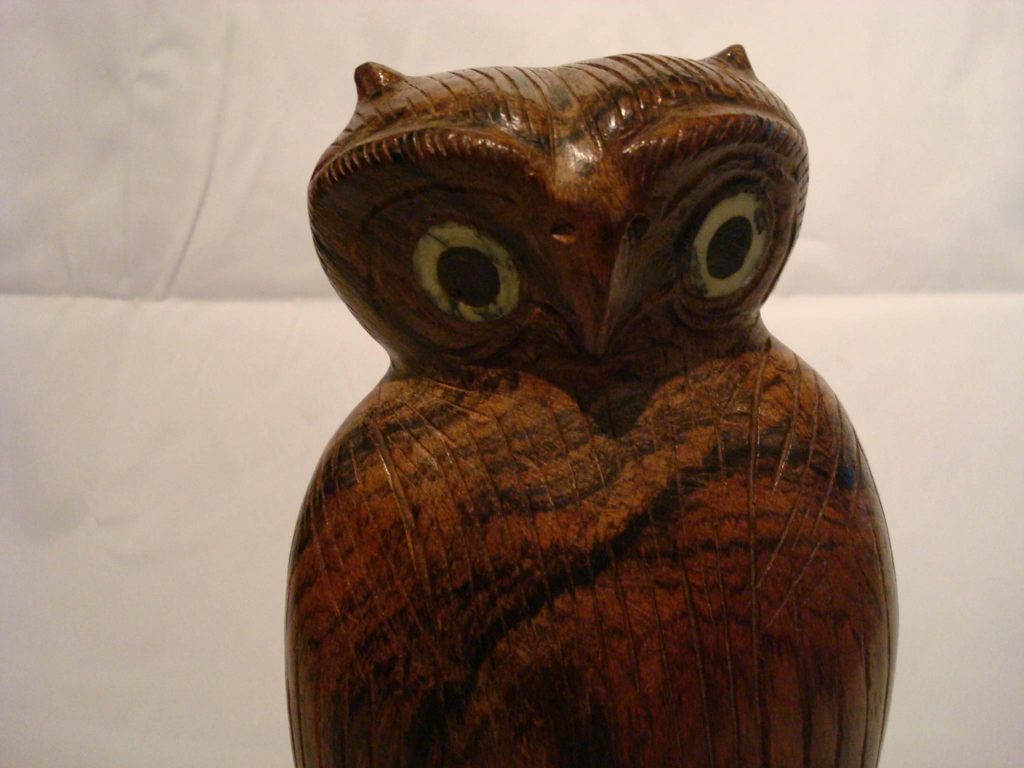 Hand-Carved Folk Art Standing Owl Wooden Carved Sculpture For Sale