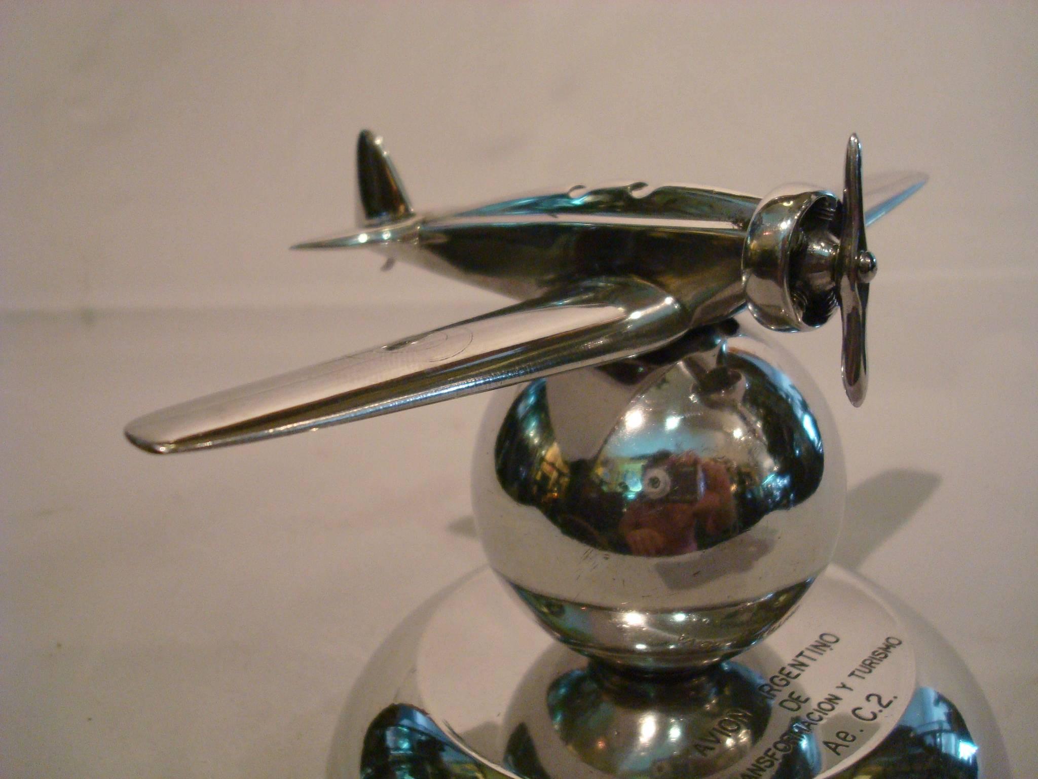 Argentine Art Deco Airplane Fighter over the World Paperweight, 1930s