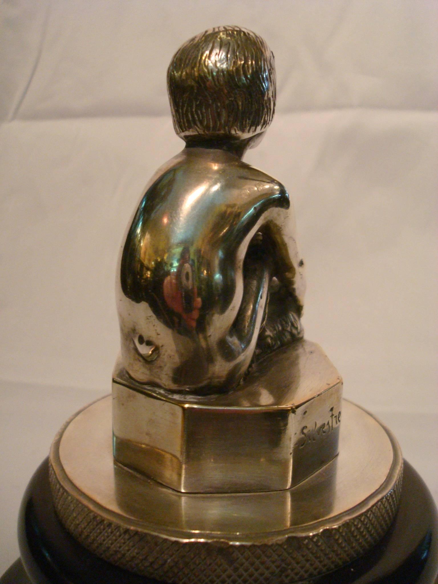 French Art Deco Silvered Bronze Faun, Car Mascot Hood Ornament, France, 1920
