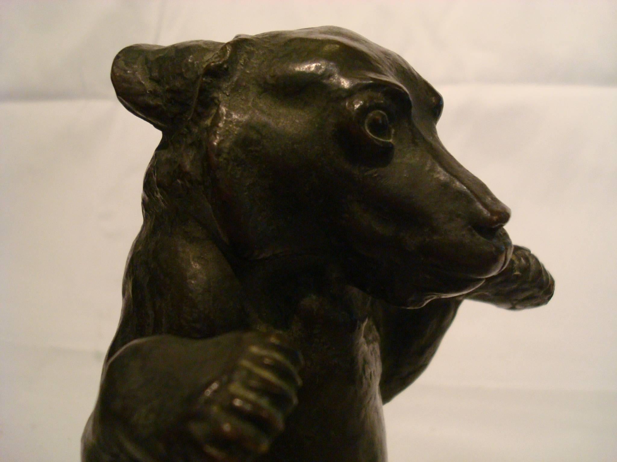 Patinated Young Bear Bronze Figure For Sale