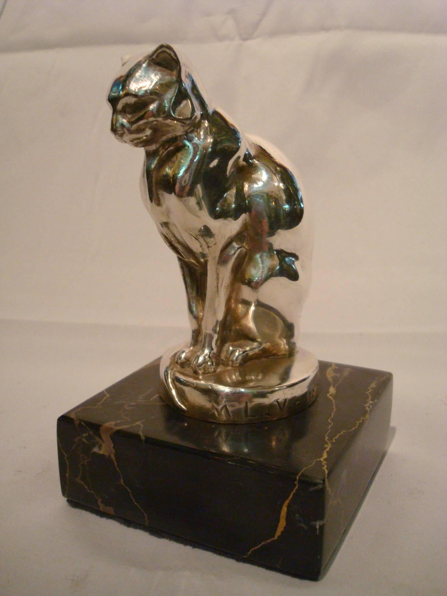 Silvered Art Deco Cat Paperweight Car Mascot, Max Le Verrier, France, 1920